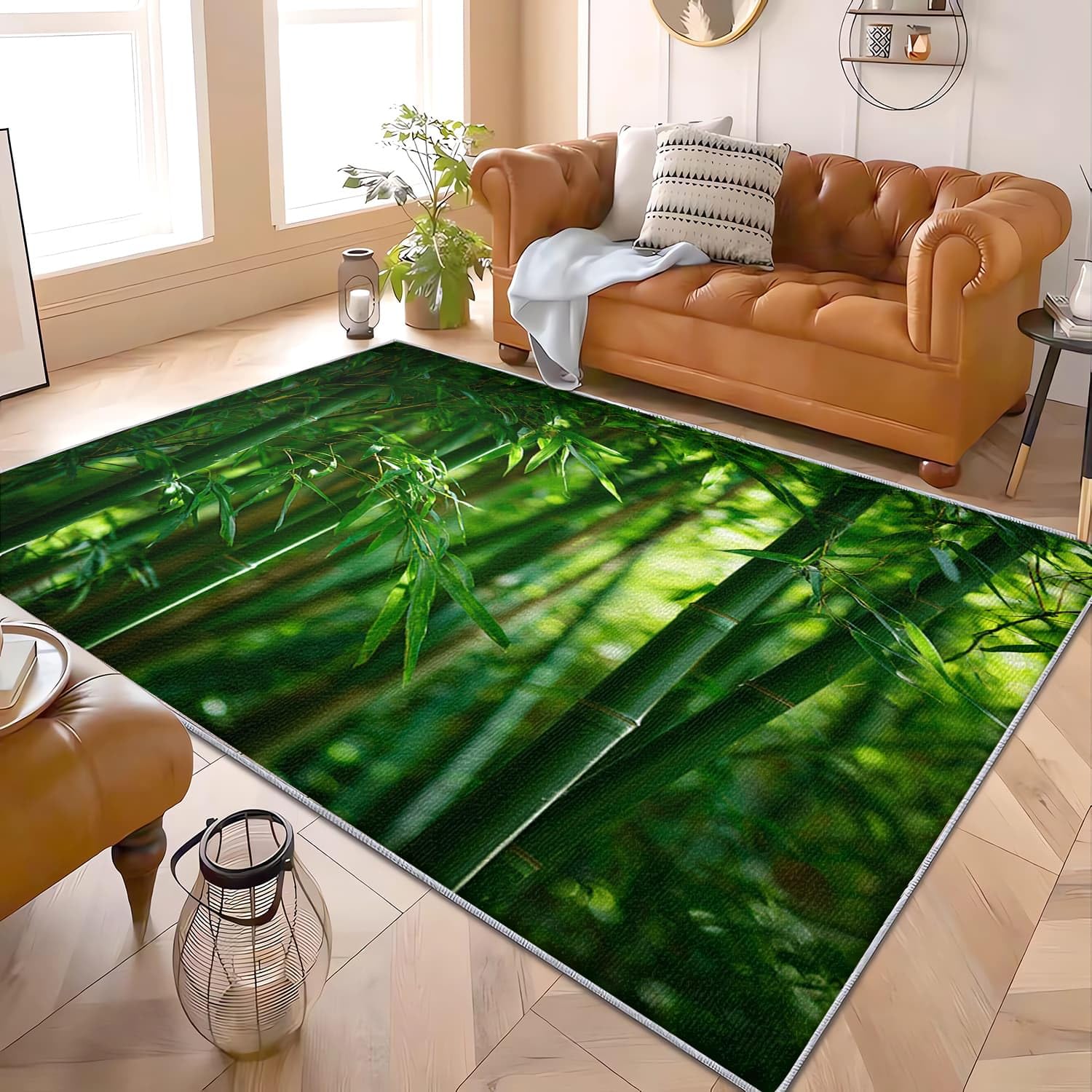 Antypoślizgowy zmywalny dywan do pokoju dziecięcego 160 x 230 cm natura bambus miękki krajobraz flanelowy dywan z krótkim włosiem do salonu, pokoju zabaw, zielony wystrój domu