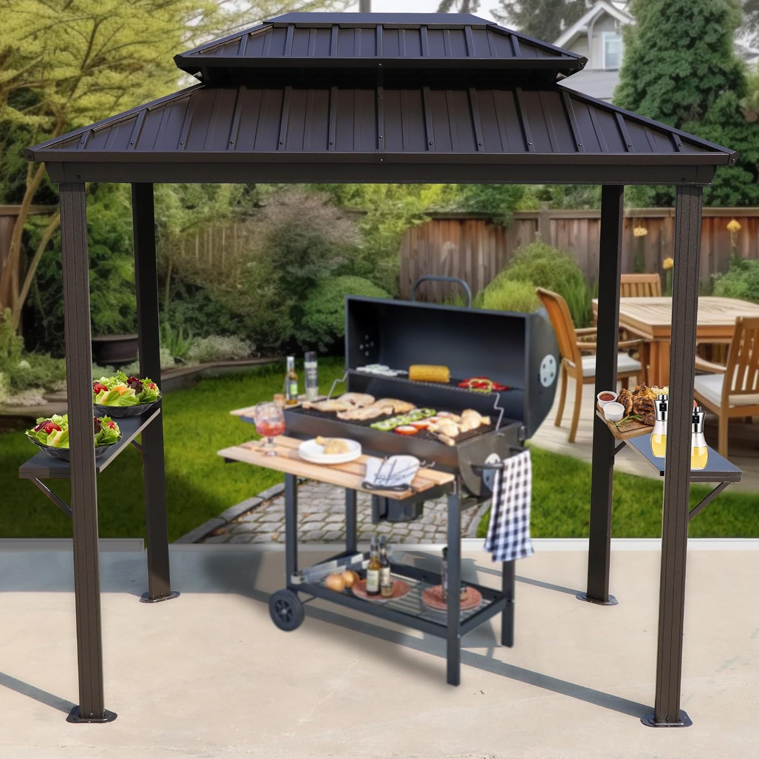 Kozyard BBQ Hardtop Grill Gazebo with a grill and food on side shelves in a backyard setting.