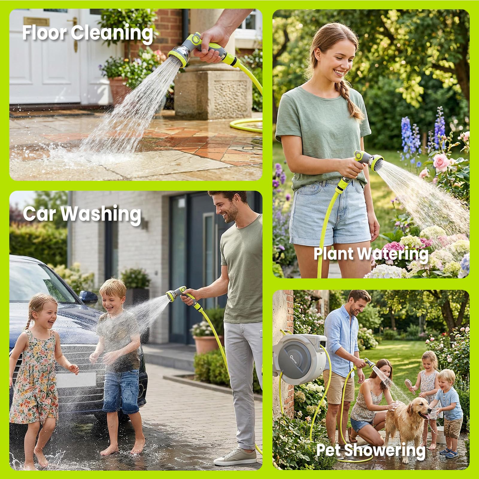 Enrouleur de tuyau d’eau 45 m + 2 m, rotatif à 180°, boîte de tuyau d’arrosage automatique de jardin avec 10 fonctions d’arrosage pour laver la voiture