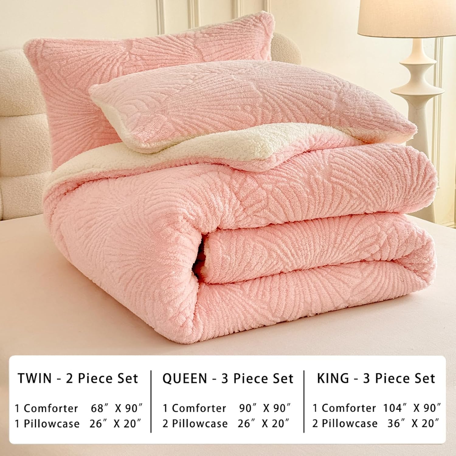 tohrisa Seashell Jacquard Sherpa Comforter Set Warm Cozy Premium Bedding 3 Pieces, King Size Geometric Pattern Quilt Comforter with 2 Pillowcases(104"X90" Light Pink)