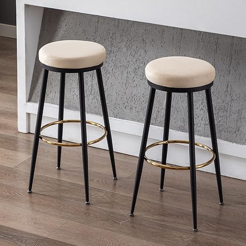 Juego de 2 taburetes redondos de terciopelo de metal moderno con reposapiés dorado y patas de metal negro, sillas de bar para el hogar para