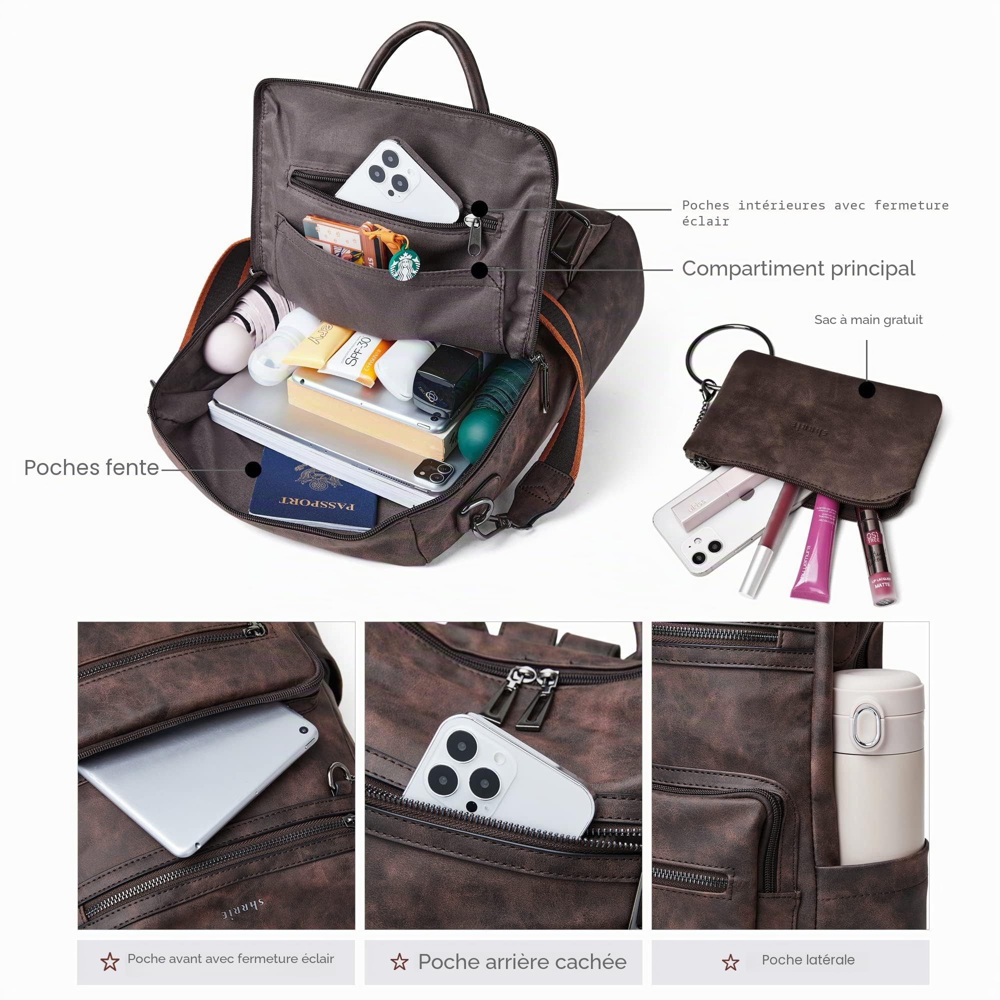 Shrrie Sac à Dos Femme, Sacs à Main Portés Dos en PU Cuir, Élégant Imperméable Sac à Dos Antivol Convertible avec Bandoulière Amovible pour Travail Voyage College Cadeau-Café nubuck