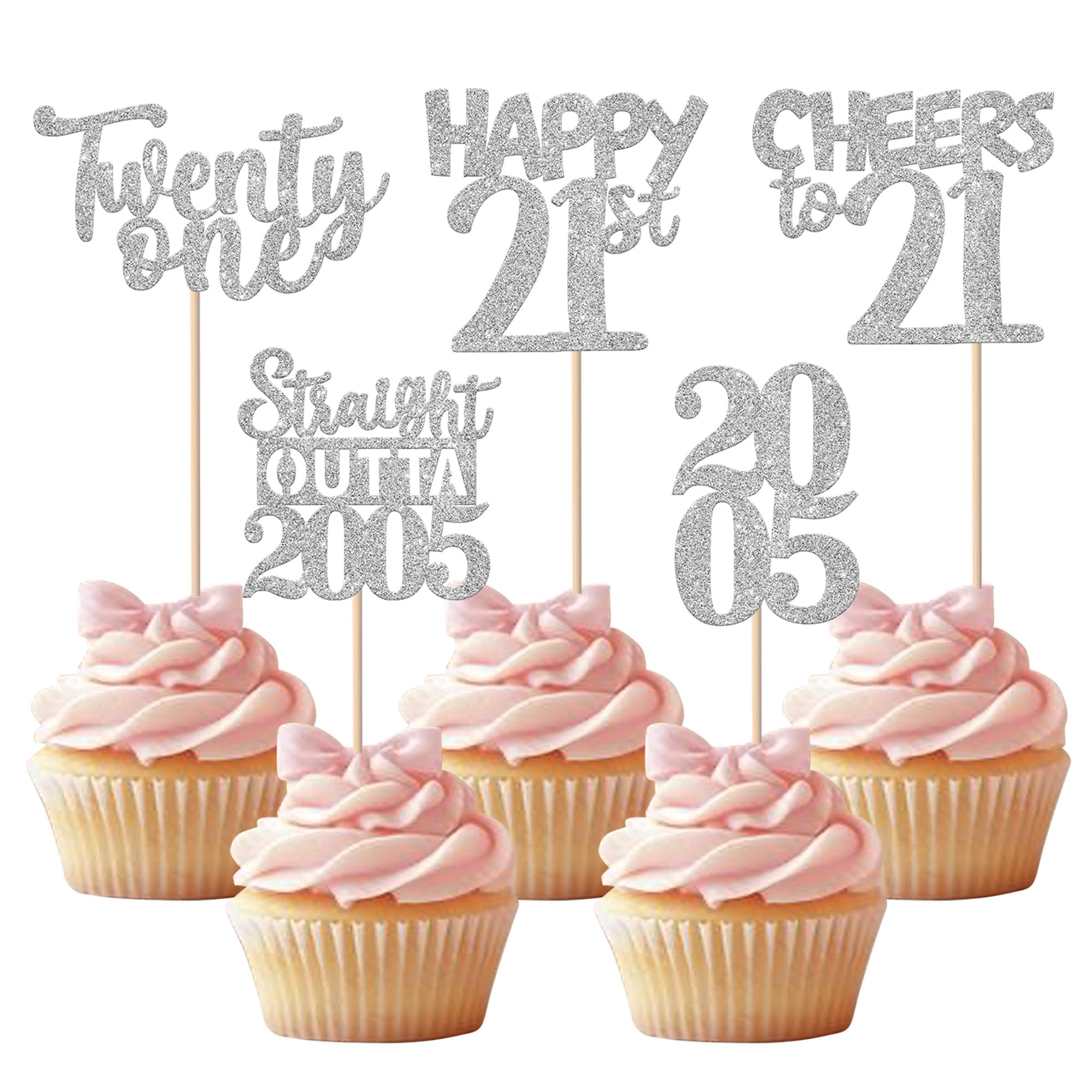 Xsstarmi 30 Pack Happy 21st Birthday Cupcake Toppers Silver Glitter Twenty One Straight Outta 2005 Cupcake Picks for Cheers to 21 Years 21st Birthday Anniversary Party Cake Decorations