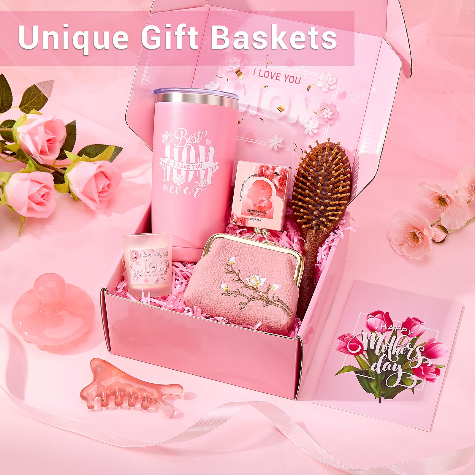 Gifts Box for Mom,Mothers Day Gift,Gift Basket for Mama Mother in Law,Birthday Presents from Daughter Son,Best Mom Ever Set Unique Thank You Gifts With Massage Comb,Tumbler,Coin Purse,Scented Candle
