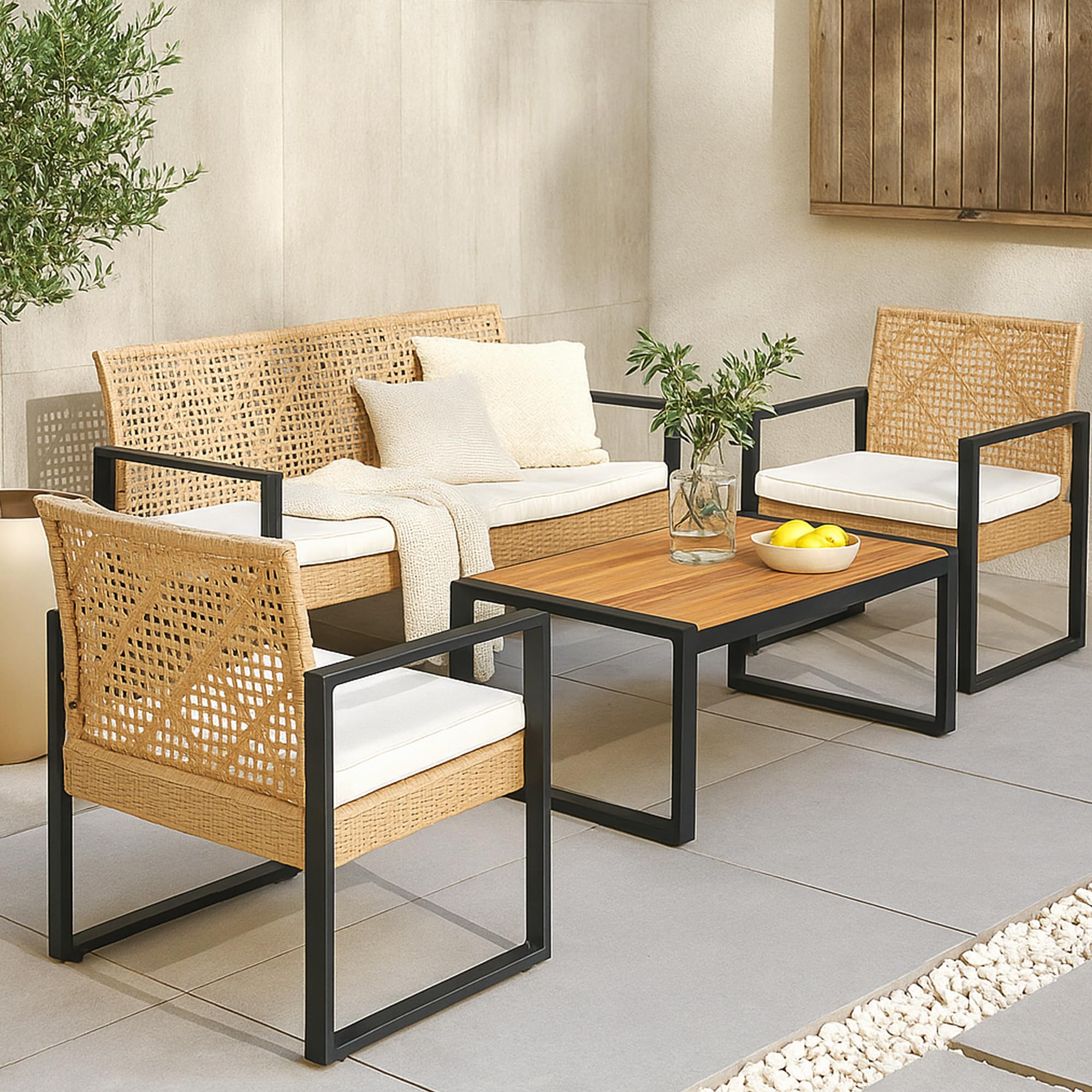 casa.pro Gartenmöbelset Calciano 4-TLG. Balkonmöbel Tisch mit Bank und 2 Stühlen Outdoor Sitzgarnitur Polsterkissen Lounge Möbel Rattan-Optik wetterfest