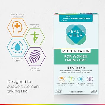 Health & Her Multivitamin Tablets for Women Taking HRT, Supplement with 18 Key Nutrients, Vegan & Gluten Free, 30-Day Supply, 60 Tablets