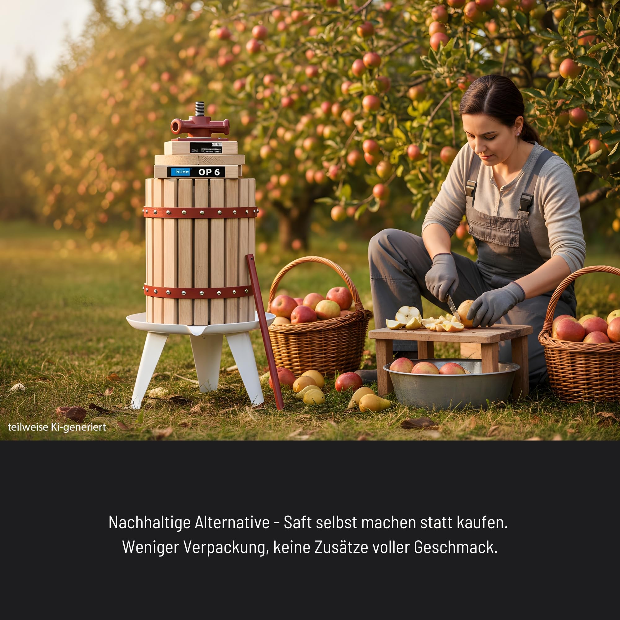 Güde 30001 Obstpresse OP 6 (Saftpresse und Beerenpresse, mechanische Presse inklusive Pressnetz 6 Liter, Holzfarbe, Braun)