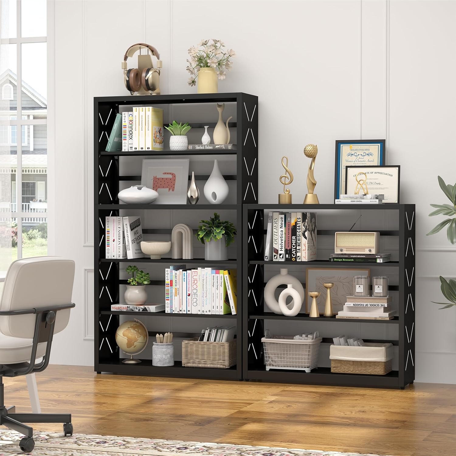 5 Tier Bookshelf, 55"Tall Metal Bookcase with Adjustable Shelves, Modern Display Book Shelf, Black Bookcase Shelf, Utility Shelf, Storage Shelves for Office, Living Room, Kitchen, Study-31"W
