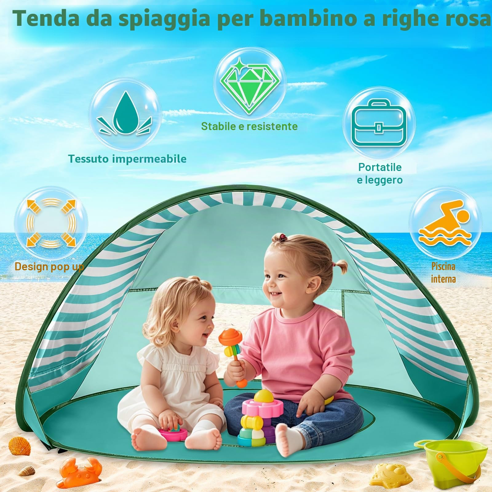 Tenda da Spiaggia Baby Pop Up, Tenda da Spiaggia con Mini Piscina, Protezione UV UPF 50+, Tenda da Spiaggia Portatile per Bambini per Spiaggia, Campeggio, Giardino, Sacchetto Inclusa