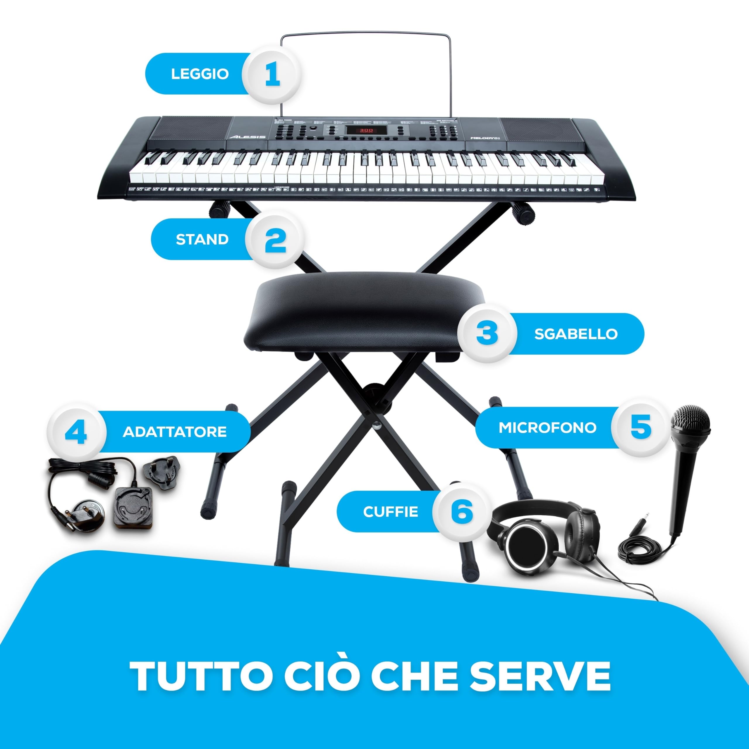 Alesis Melody 61 - Pianola Tastiera per Principianti con Diffusori, Supporto, Sgabello, Cuffie, Microfono, Leggio, 300 Suoni, Lezioni Musicali