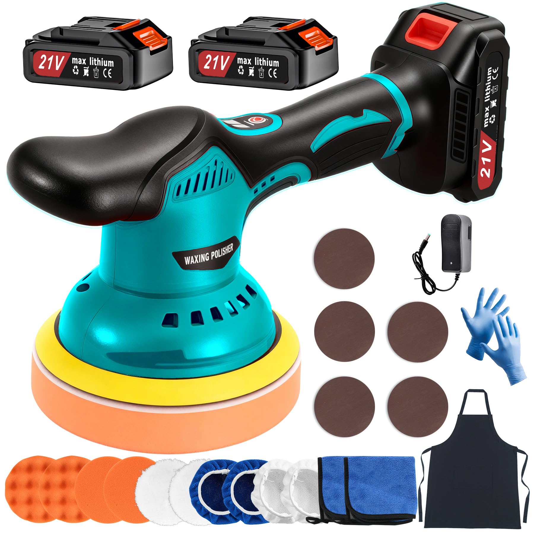Cordless Car Buffer Polisher Kit with 2x21V Batteries, 6 Inch Car Polisher with 8 Variable Speed Max 6000RPM & 21 PCS Attachments, Buffer Polisher for