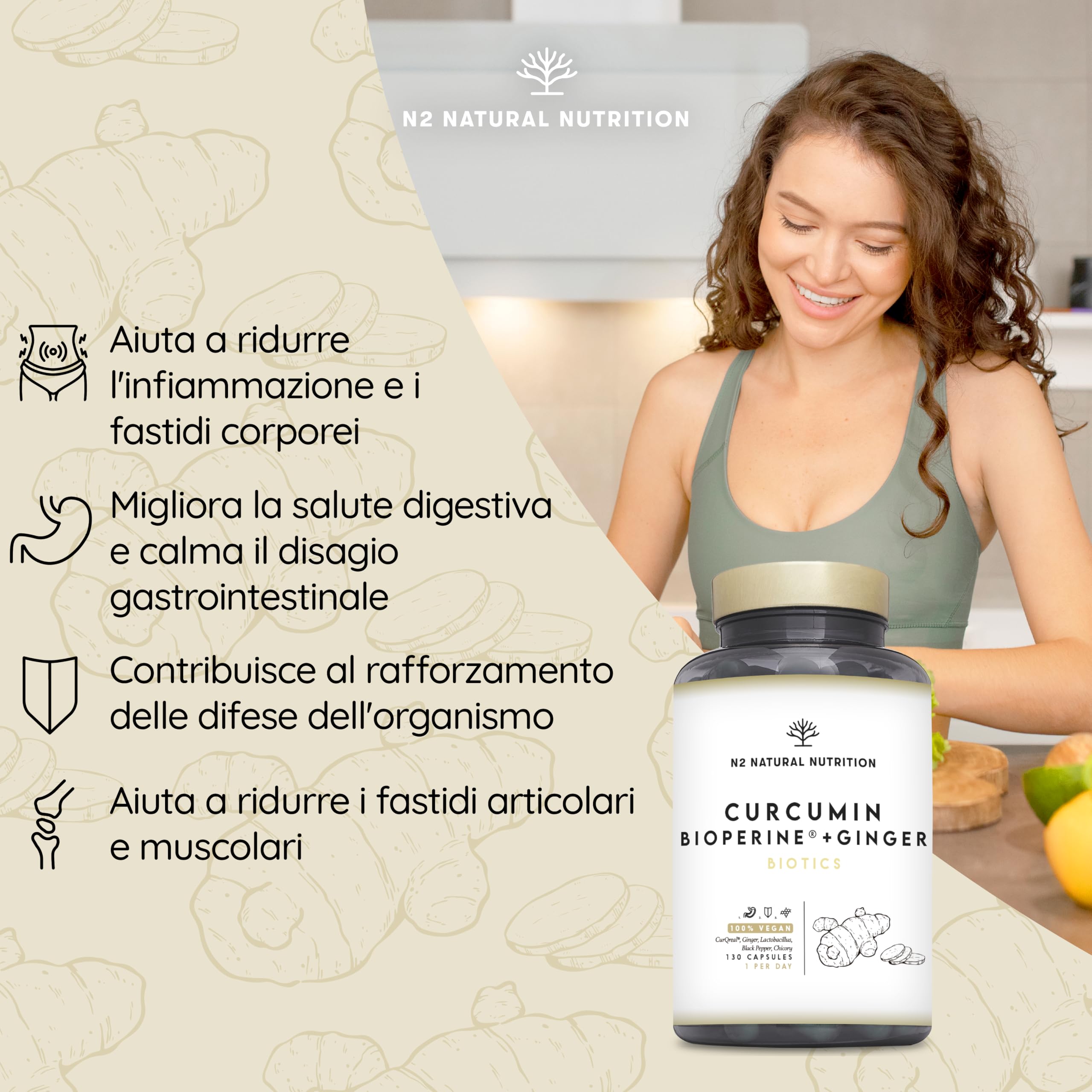 Curcuma con Piperina, Probiotici e Zenzero. 10,000 mg di Curcuma per Capsula (95% di Curcuminoidi). 4 Mesi. Potente azione Antinfiammatoria e Antiossidante. Formula brevettatai N2 Natural Nutrition