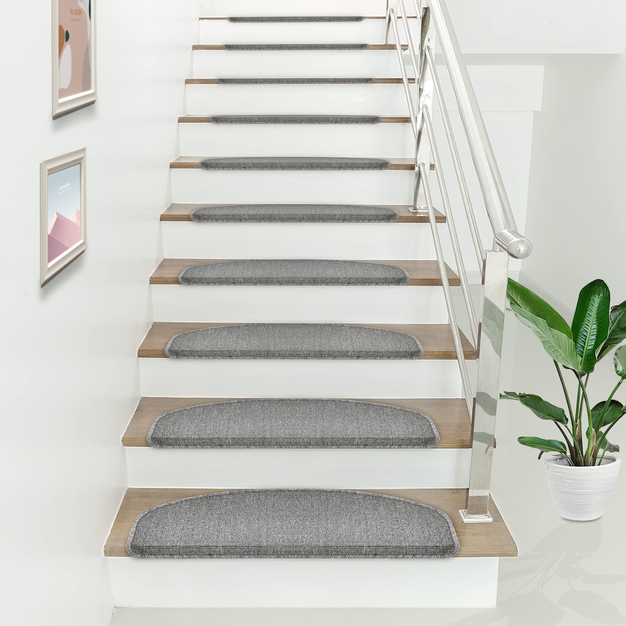 [en.casa] Set da 15 Tappeti Coprigradini per Scale Interne 65 x 24 x 7 cm Antiscivolo con Retro Adesivo - Mezzaluna - Grigio Chiaro