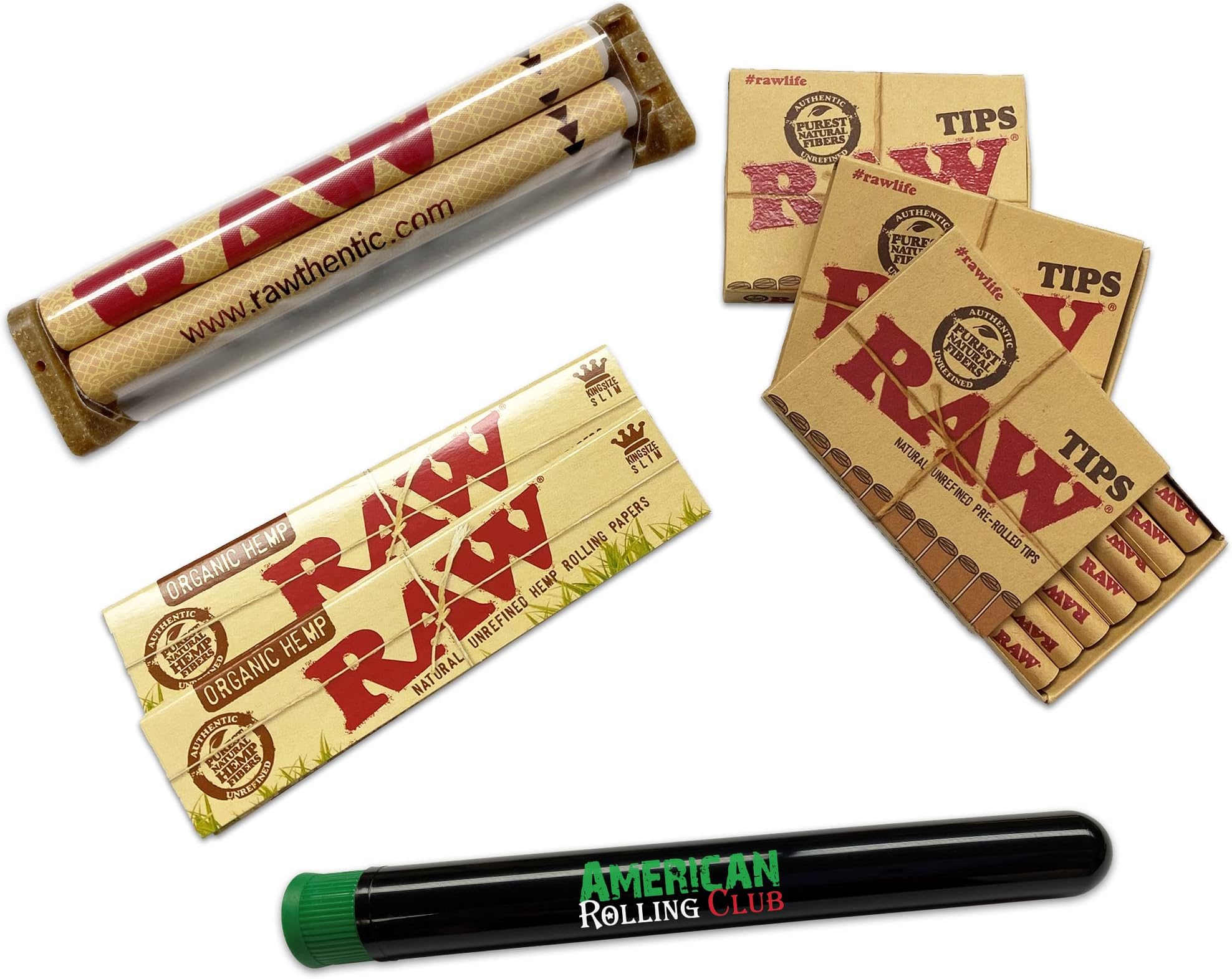 RAW Organic King Size Cigarette Papers Combo Includes: 2 Packs Of RAW Organic King Size Slim Papers, 3 Boxes RAW Pre Rolled Tips, RAW 110MM Cigarette Machine and ARC Cigarette Saver