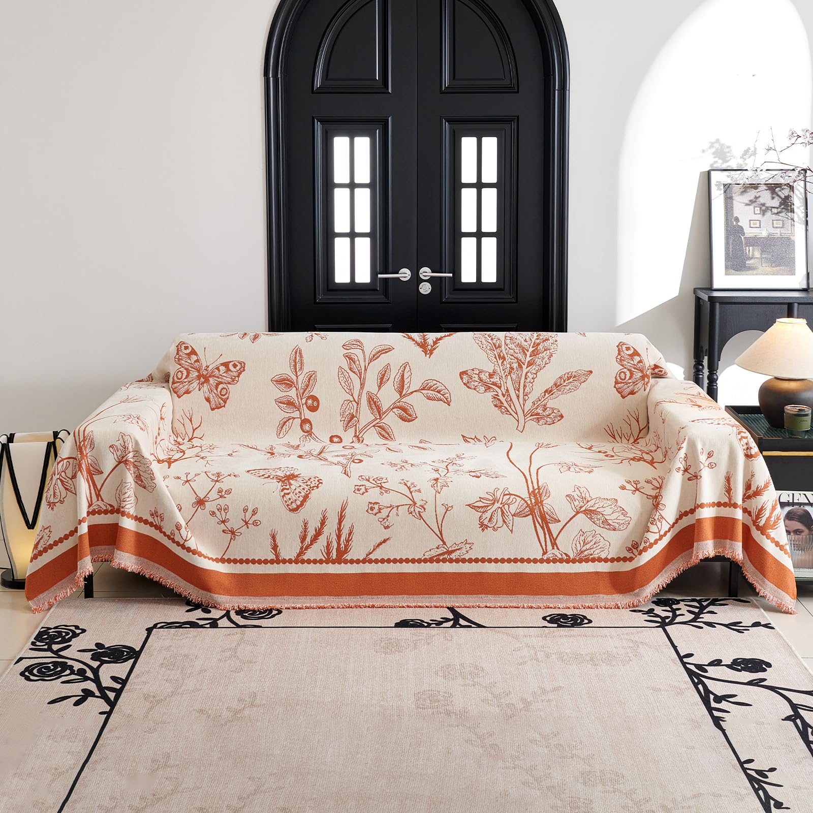 VanderHOME Soft Throws, Chenille Sofa Throw Blanket With Tassels, Multi-Purpose Blanket, Jacquard Patterned Settees Throw for Sofa, Armchair Beds 180 * 280cm-Orange