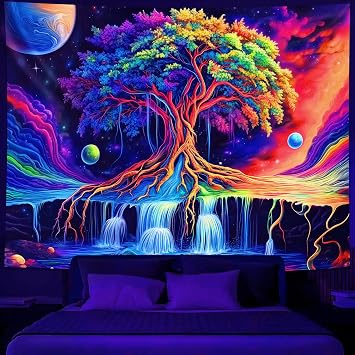 Simpkeely Tree of Life Blacklight Tapestry UV Reactive Colorful Waterfall Tapestry Galaxy Space Planet Cloud Vintage Wall Tapestries Hanging for Bedroom - 59.1" L x 51.2" W