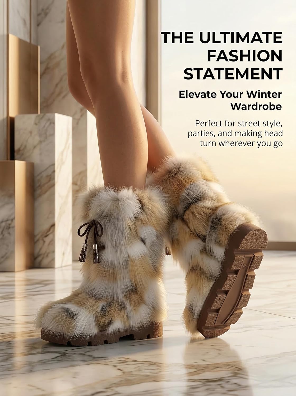 Women's Genuine Fox Fur Snow Boots, Fluffy Fuzzy Winter Boots, Non-Slip Chunky Rubber Sole, Soft Wool Lining, Trendy Chic Style