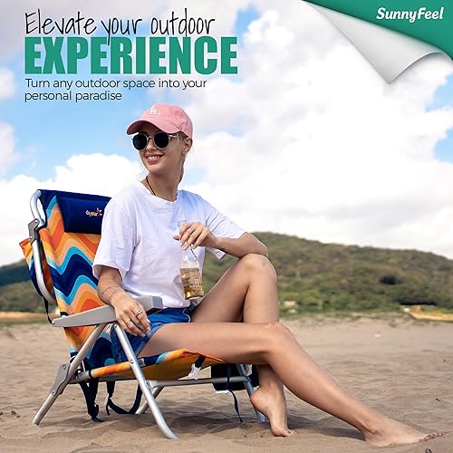 Miniatura 3 de SUNNYFEEL Silla de playa baja de 5 posiciones plana, mochila plegable portátil resistente con bolsa refrigeradora, portavasos para exteriores,