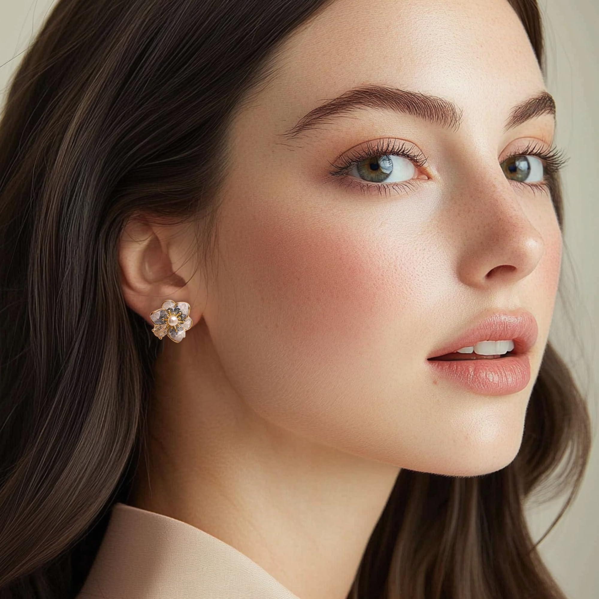 Jean Beau Pearl Flower Leaf Stud Earrings for Women Statement Cluster CZ Pearls Earring Gold Plated Sterling Silver Wedding Prom Birthday Fashion Jewelry Gift