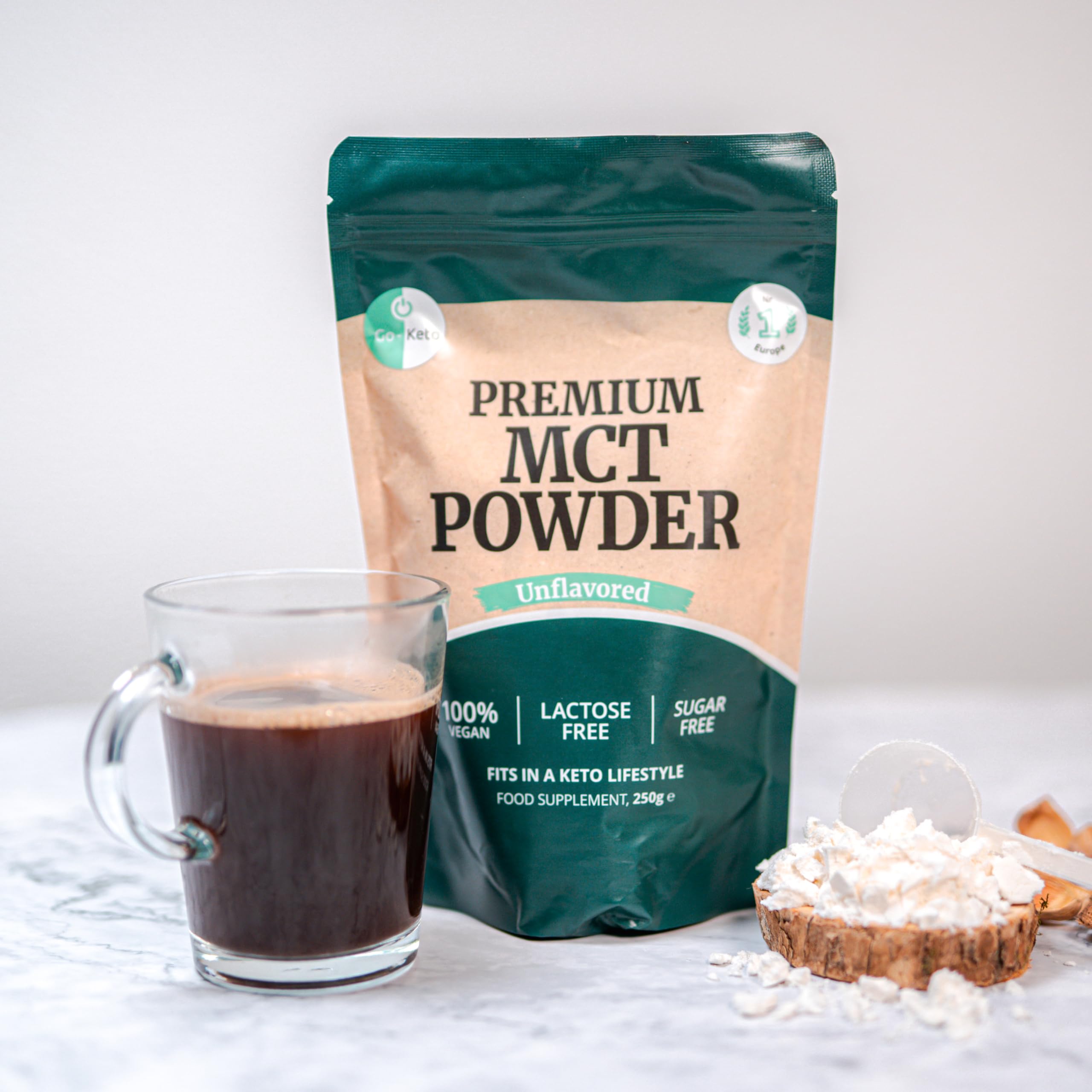 Go-Keto MCT Powder, 250g | Premium Polvere MCT C8/C10, 100% olio di cocco, no olio di palma | perfetto dieta chetogenica | crema di caffè cheto per caffè o frullato cheto | Paleo, vegano