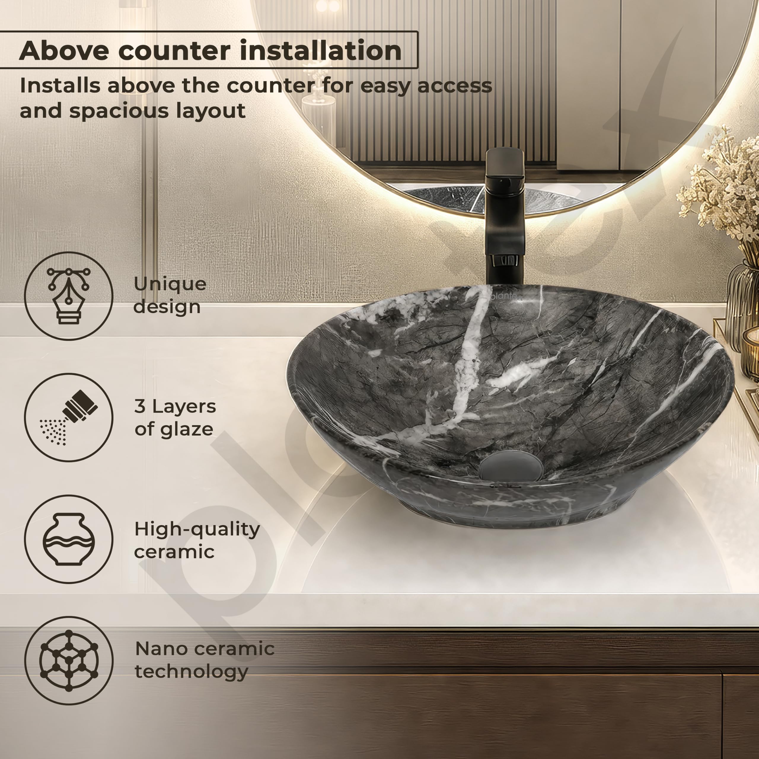 Plantex Ceramic Wash Basin for Bathroom/Table Top Ceramic Basin/Washbasin for Bathroom (BOAT-NS-551-Marble Finish, 16 x 13 x 5.5 Inch)