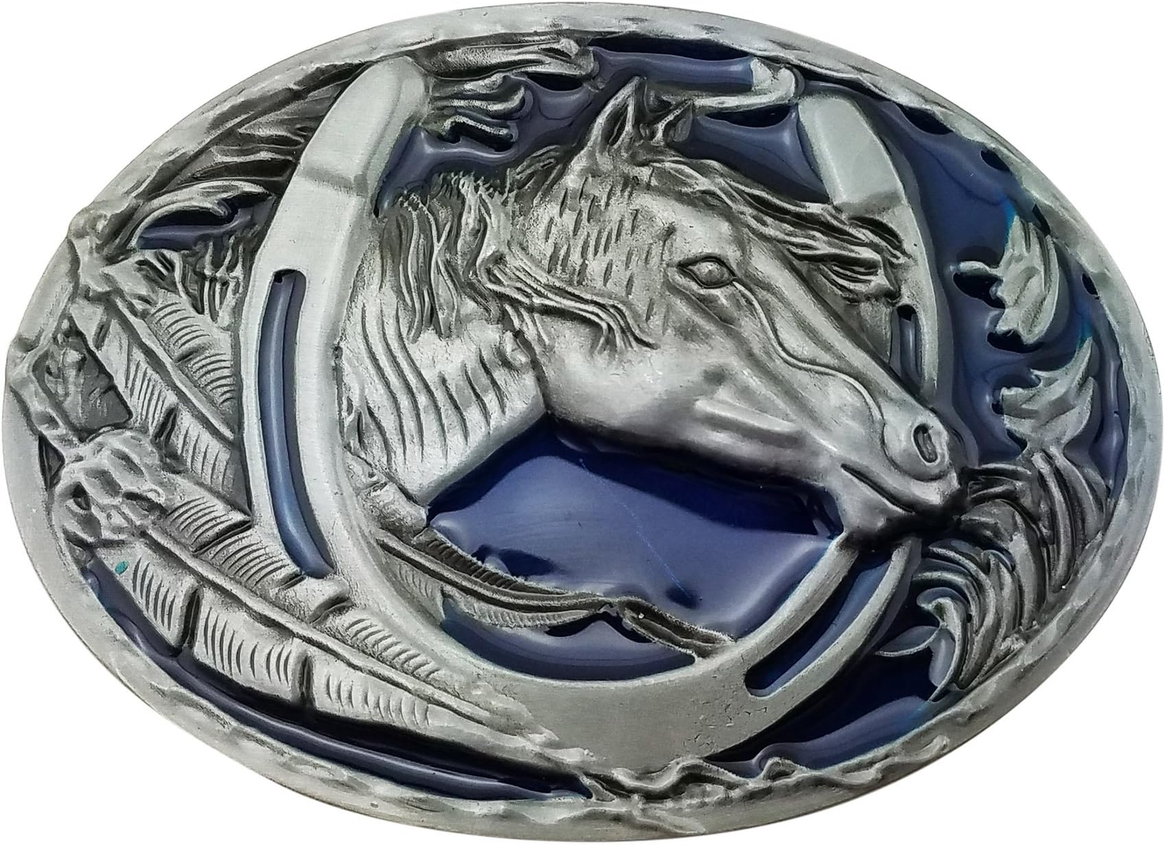 Lanxy Western Cowboy Leaf Horse Head Horseshoe Belt Buckle For Men Blue Enamel Grey Tone, free