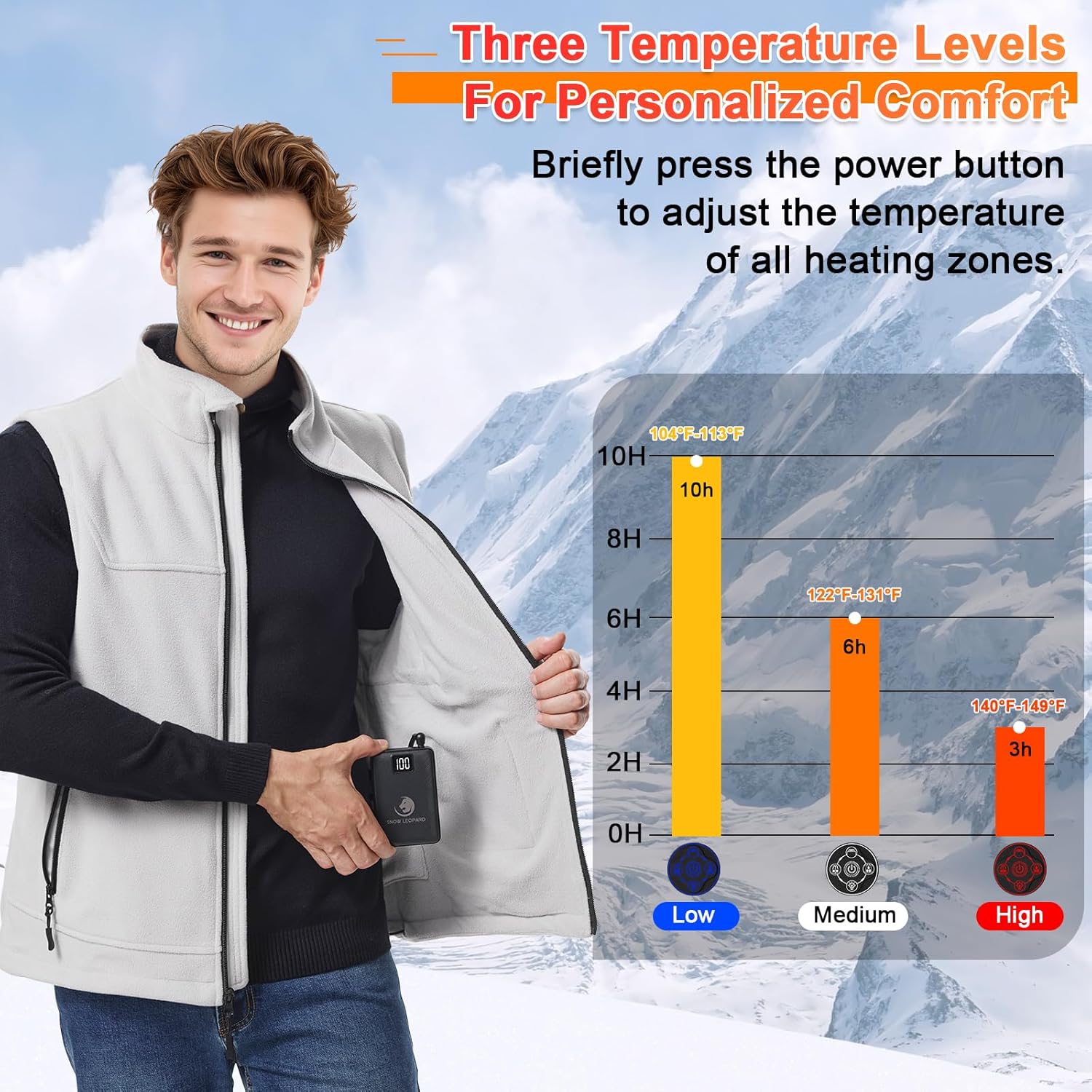 SNOW LEOPARD Men's Heated Vest, Black, Modern, Polyester, Fall/Winter, Outerwear Vests - Image 4