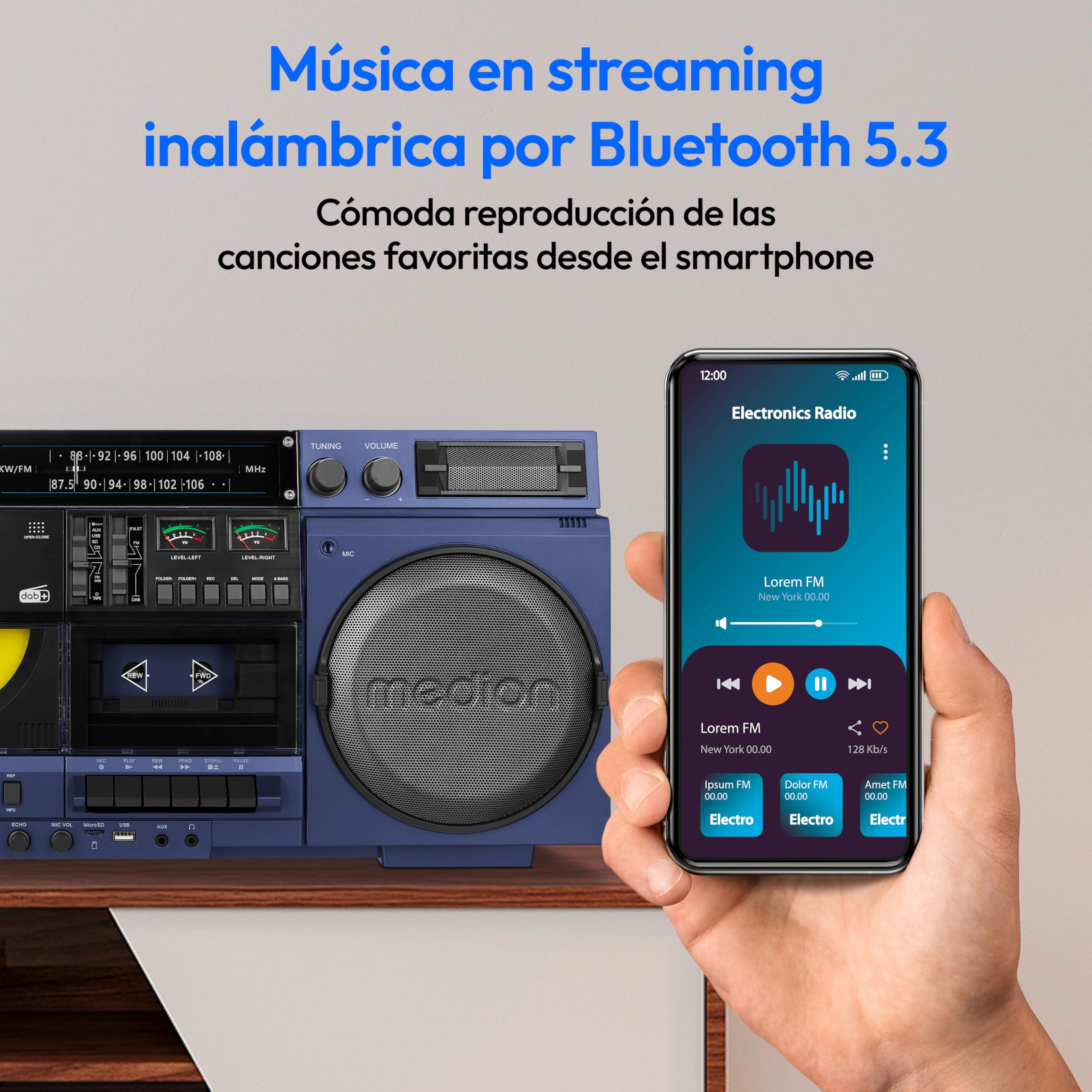 MEDION P66538 Reproductor de Casete (Retro Ghettoblaster con Reproductor de CD, años 80, Grande, USB, SD, CD, Casete MC, Antena telescópica de Radio Dab+, Bluetooth, pletina de Casete