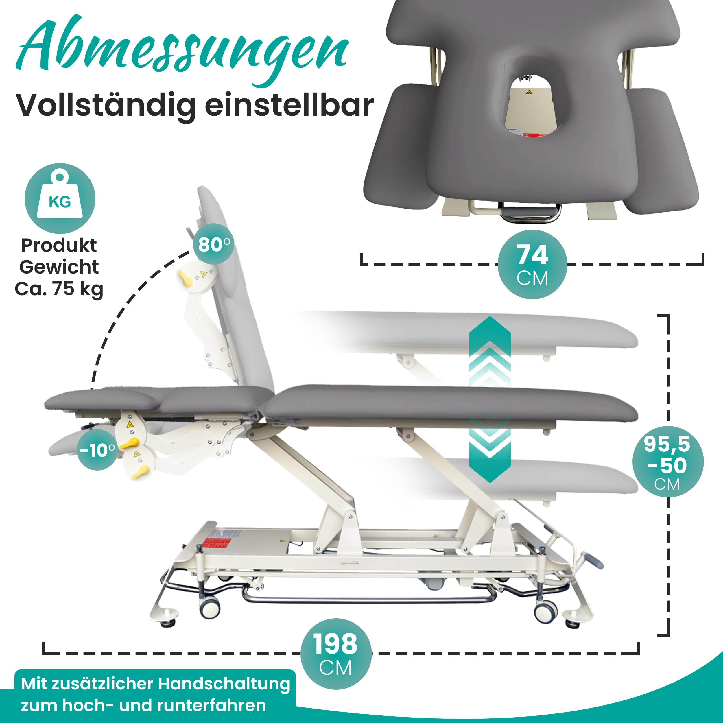 Elektrische Massageliege Houston - Therapieliege Behandlungsliege höhenverstellbar bis 95,5 cm mit 3-teiligem Kopfteil - Kosmetikliege inkl. Papierrollenhalter - Belastbar bis 200 kg