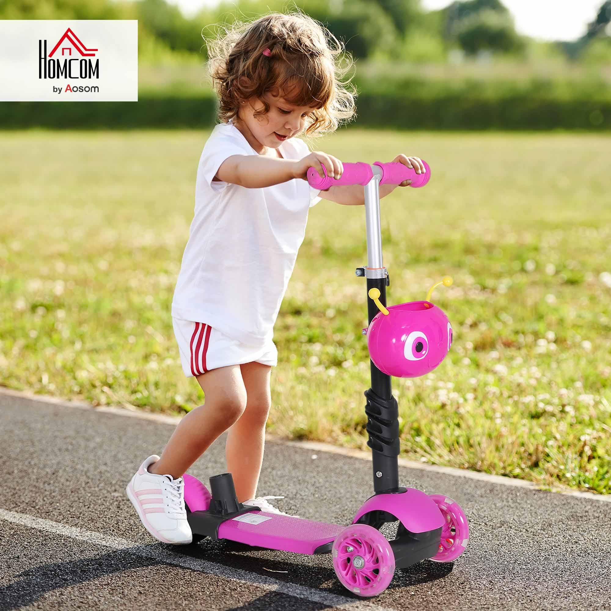 HOMCOM 3 en 1 Patinete para Niños de +18 Meses Scooter de 3 Ruedas con Asiento Extraíble Manillar Mango de Empuje Altura Ajustable 62x25x72,5 cm Rosa