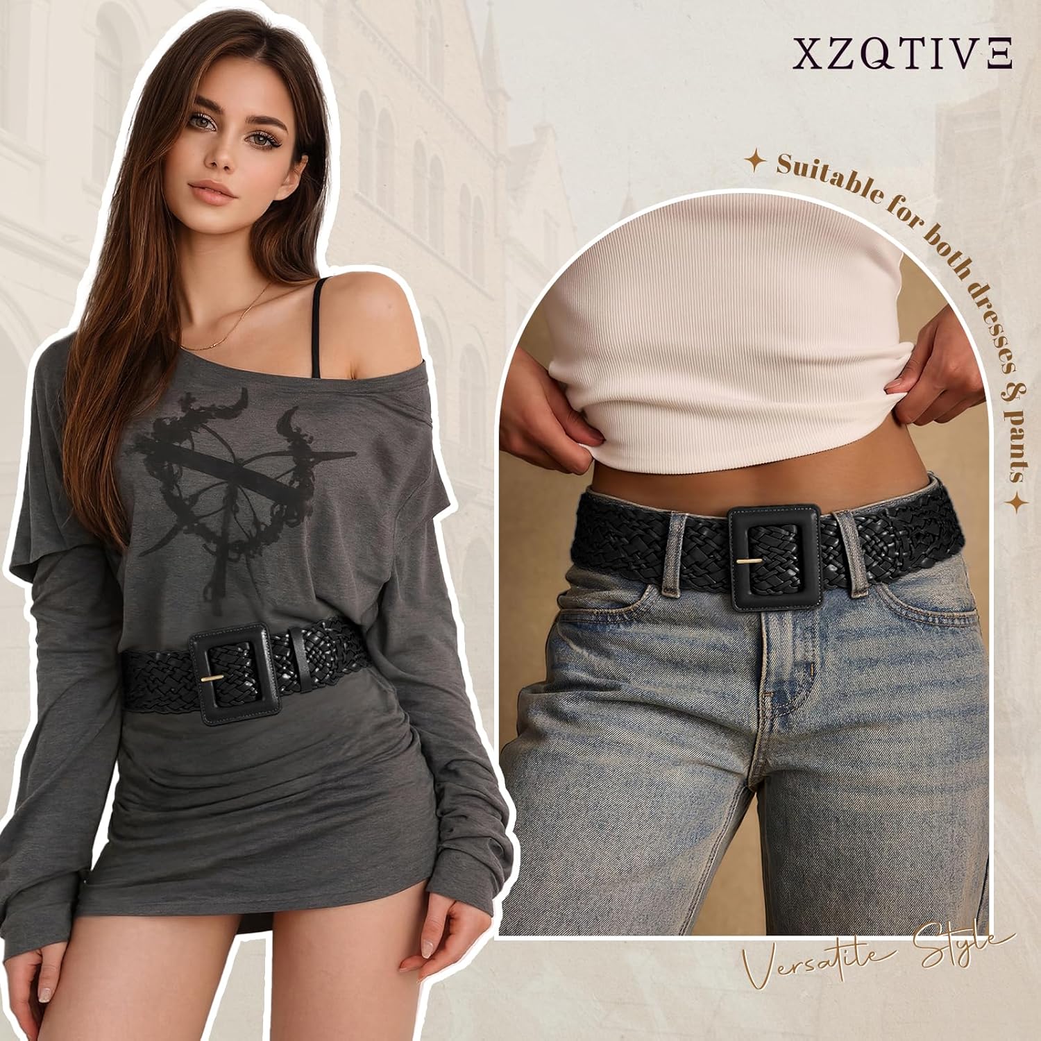 XZQTIVE Women Wide Belt for Dresses Fashion Thick Braided Leather Belts with Square Buckle, Woven Waistband for Ladies - Image 4