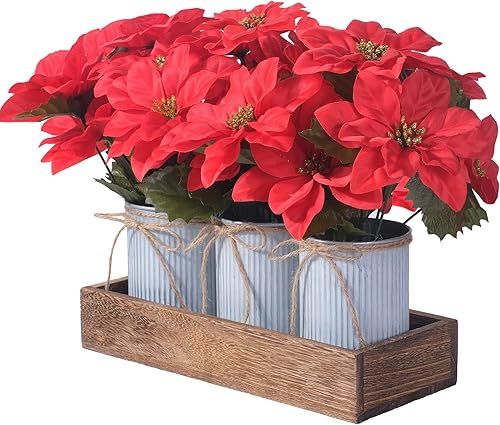 Flores de Pascua artificiales para decoración navideña, paquete de 3 flores de Pascua rojas en macetas de metal galvanizado con caja de madera,