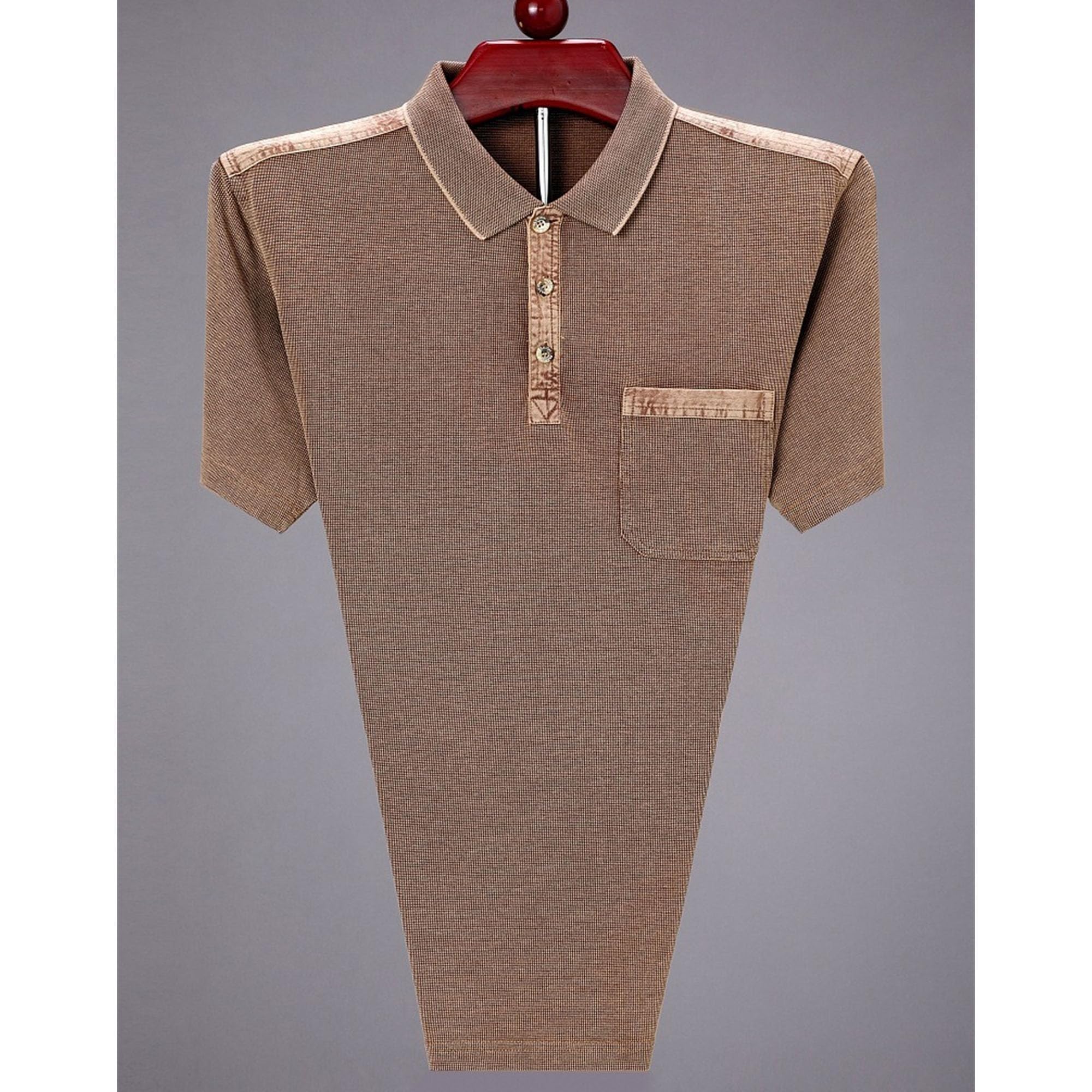 Men Lapel Casual Loose Checked T Shirts Quarter Button Chest Pocket Work Shirt Summer Pullover Tops (Coffee,X-Large)