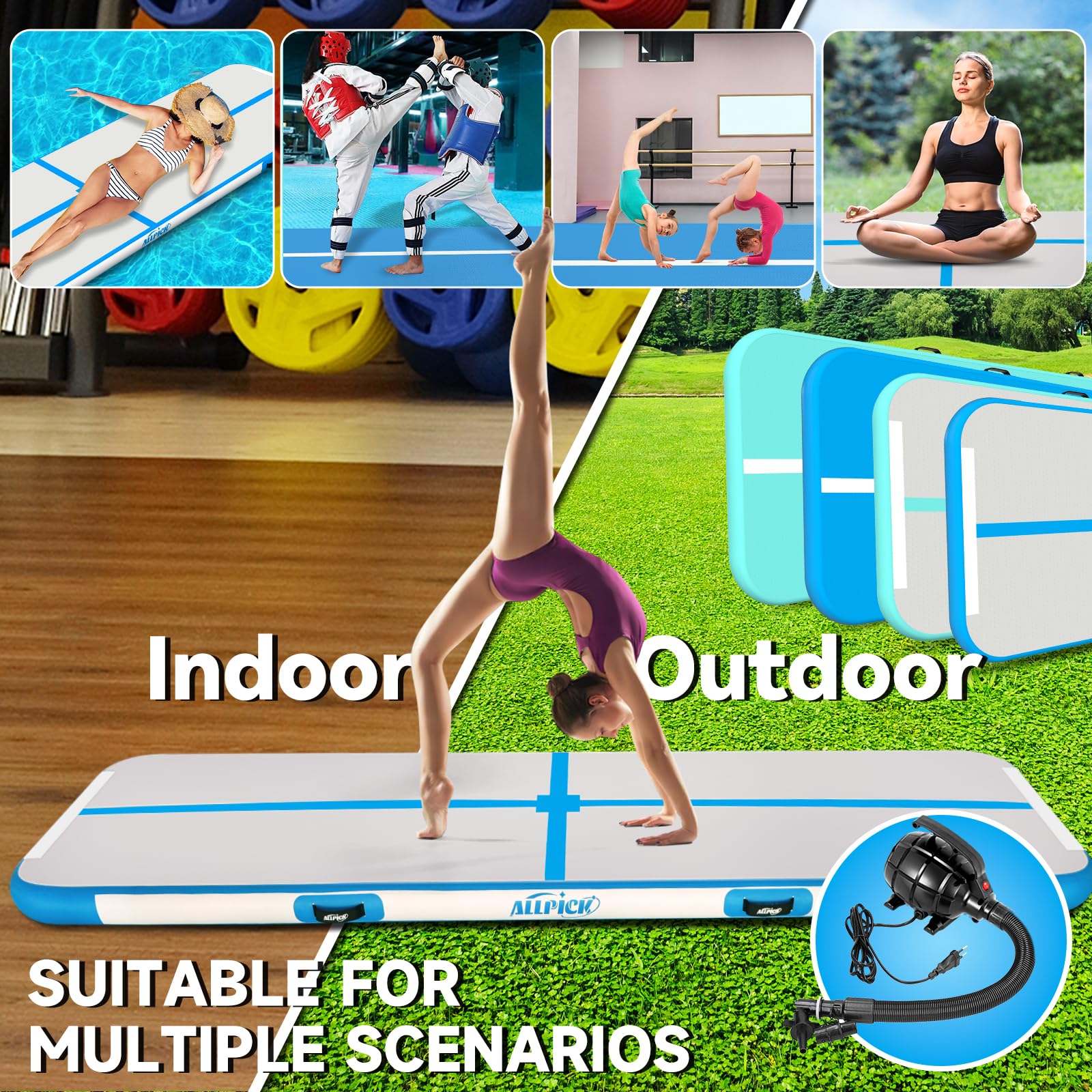 ALLPICK Tappetino da ginnastica gonfiabile con pompa ad aria elettrica, lunghezza 3/4/5/6 m, altezza 10/20 cm, design double face, gonfiabile, per ginnastica, yoga