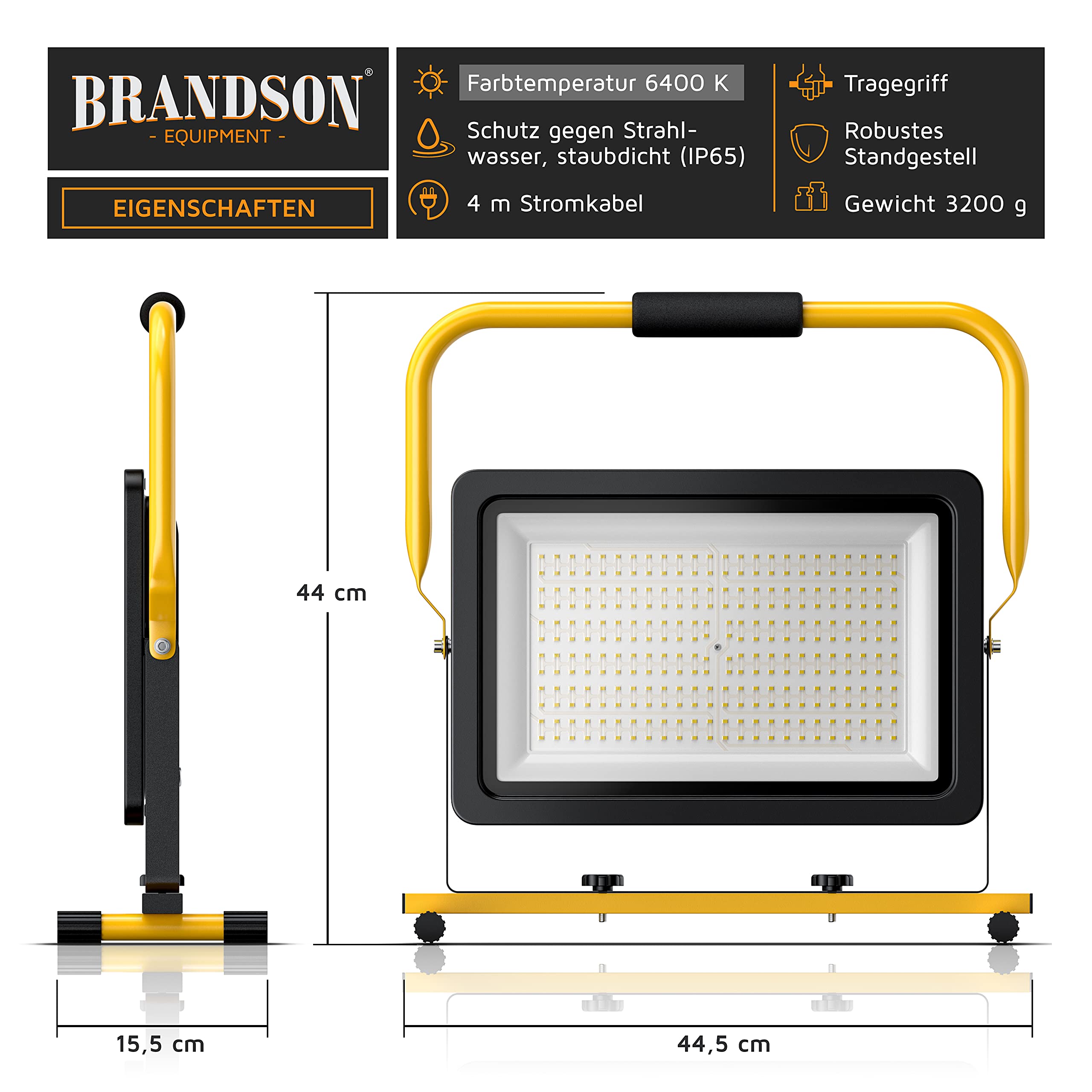 Brandson - Reflektor Budowlany LED 200 W - Reflektor Roboczy - 288 SMD LED - 6400 K - Stelaż i Uchwyt do Noszenia - 16000 Lumenów - Kabel Zasilający 4 m - Obudowa Metalowa - IP65