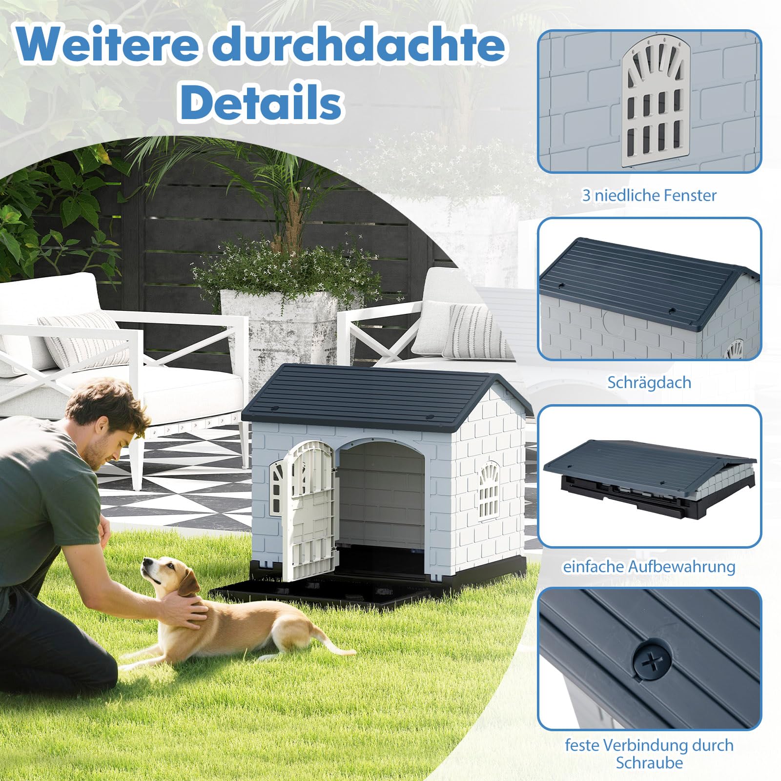 Plastik-Hundehütte, Hundehütte Welpenunterstand mit 3 Fenstern, abschließbare Tür, Schrägdach, abnehmbares Tablett, Indoor- und Outdoor-Hundezwinger für kleine und mittelgroße Hunde (Grau)