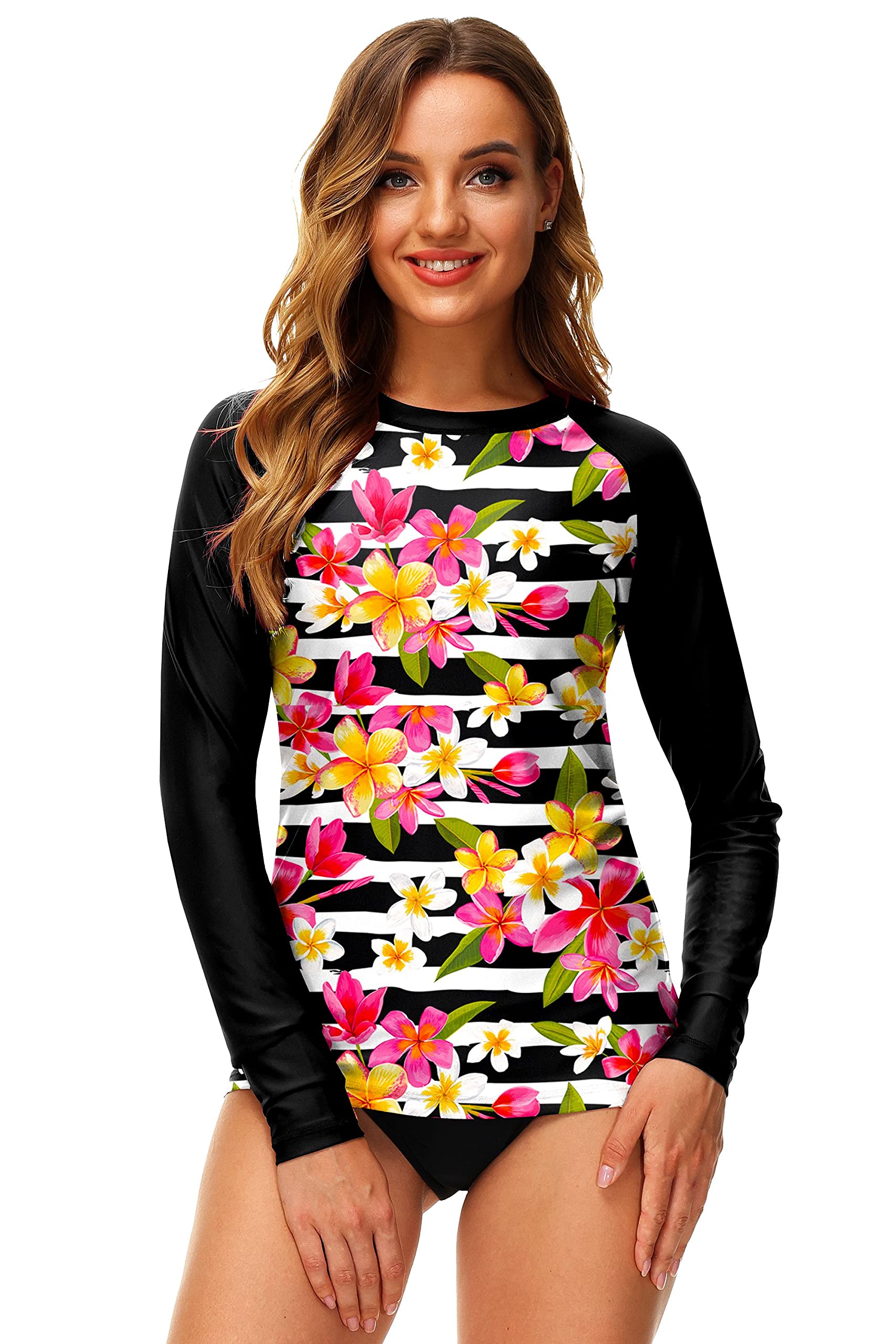 Deerose Damskie koszulki kąpielowe z nadrukiem UPF 50+ Rash Guard Surf Swimwear Top