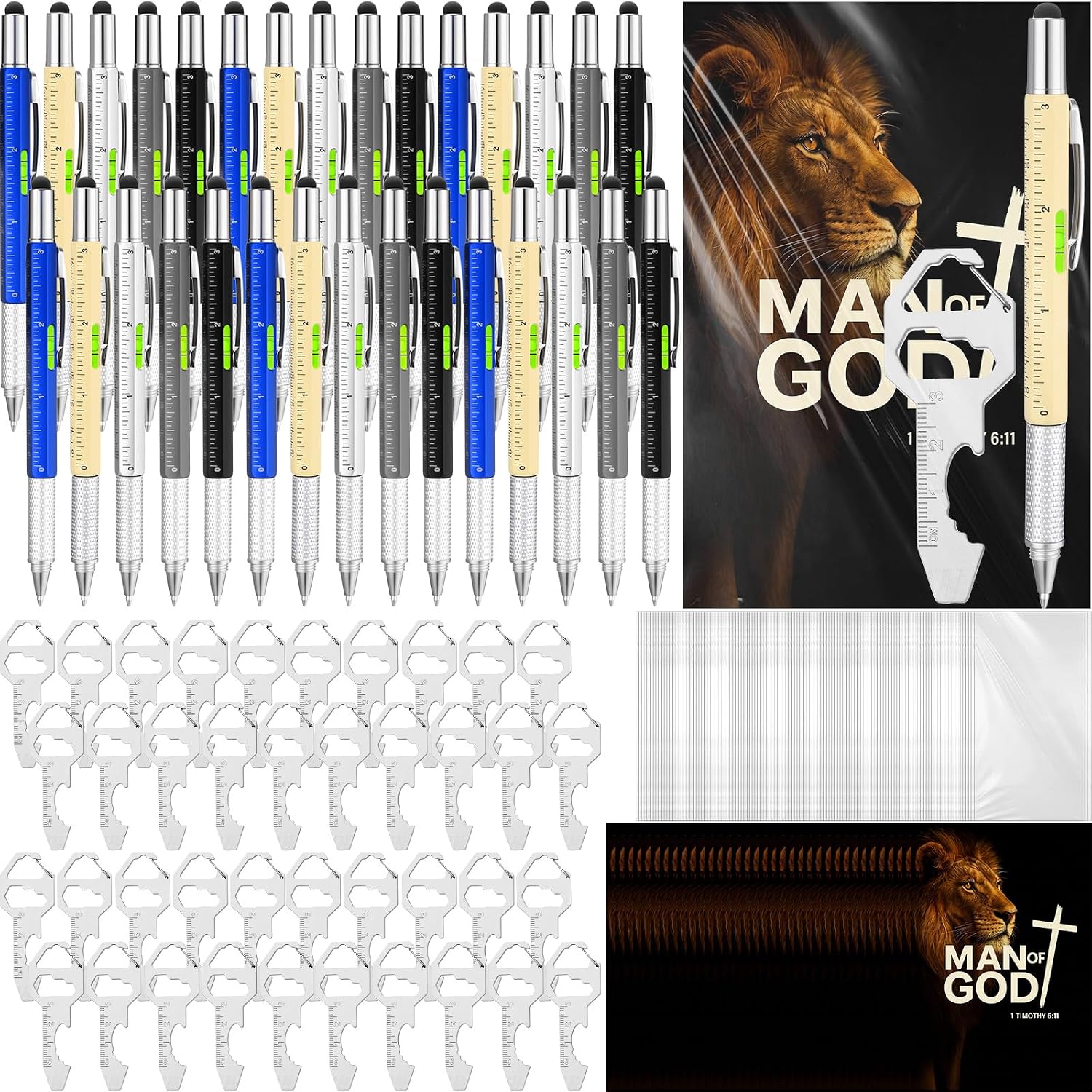 30 Set Father's Day Man of God Christian Gifts Bulk for Men Include 6 in 1 Multitool Pen Bible Verse Card with Multi Tool Keychain Gift for Husband Staff Church Party Favors (5 Colors)