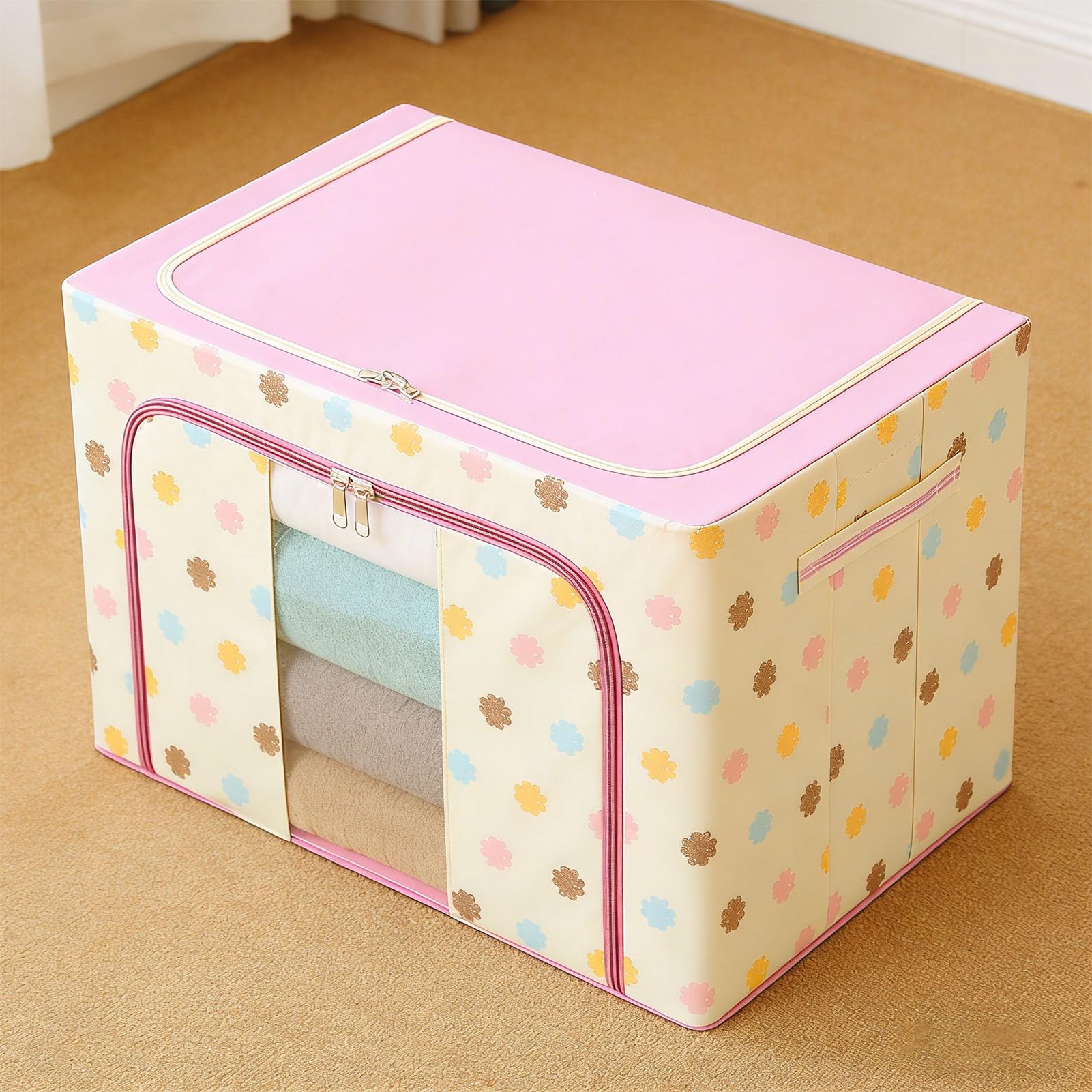 Cestino Portaoggetti Pieghevole per Abiti, Scatola Portaoggetti per Armadio in Tessuto con Finestra Trasparente, Aperture con Cerniera Anteriore e Superiore, Coperto 50x40x33 Cm per (PINK)