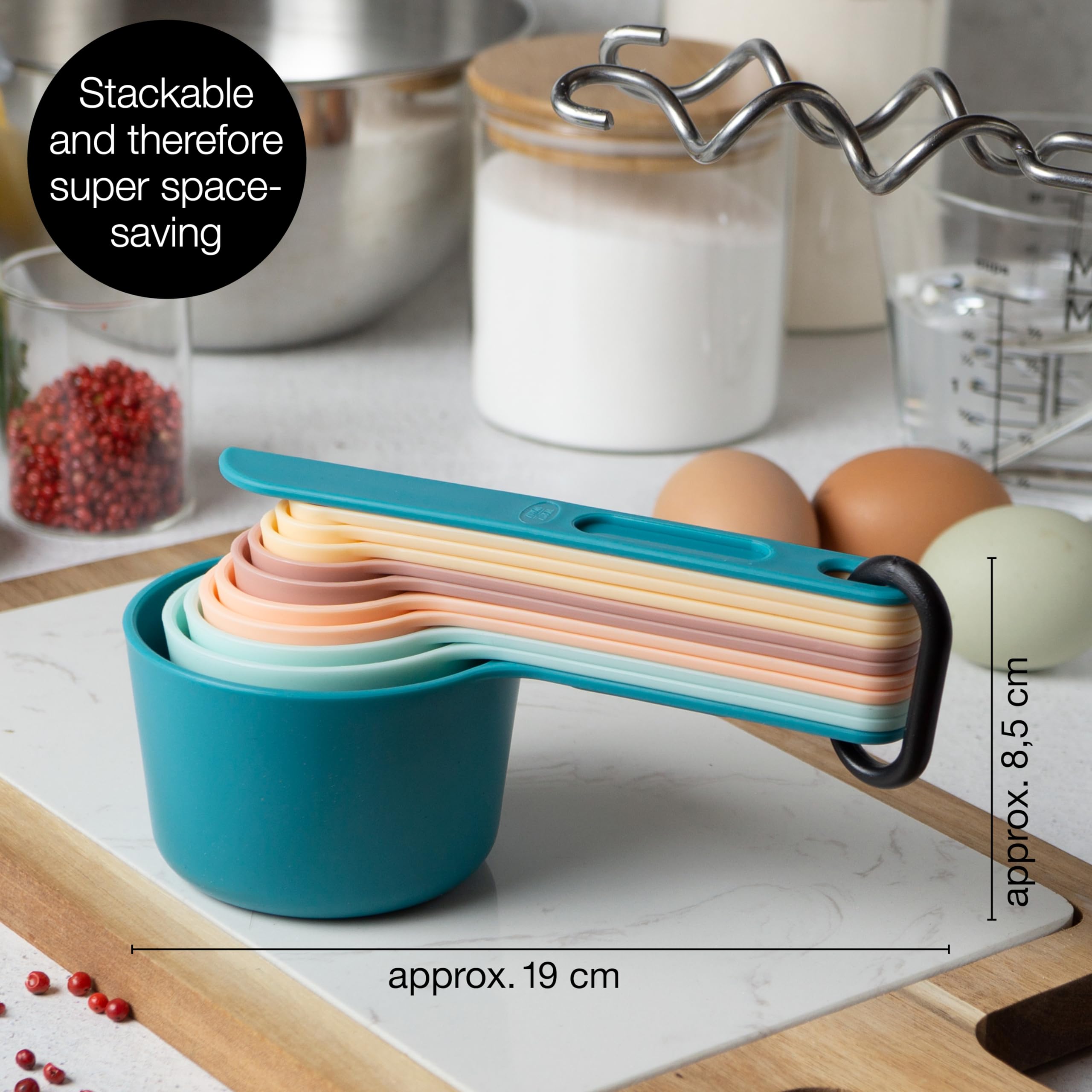 Moritz & Moritz Zestaw łyżek pomiarowych 11 szt. Możliwość układania w stosy - kubki i łyżki z podziałką od 1,25 do 240 ml 4 kolory - 10 wymiarów i szpatułka do smarowania- Do gotowania i pieczenia