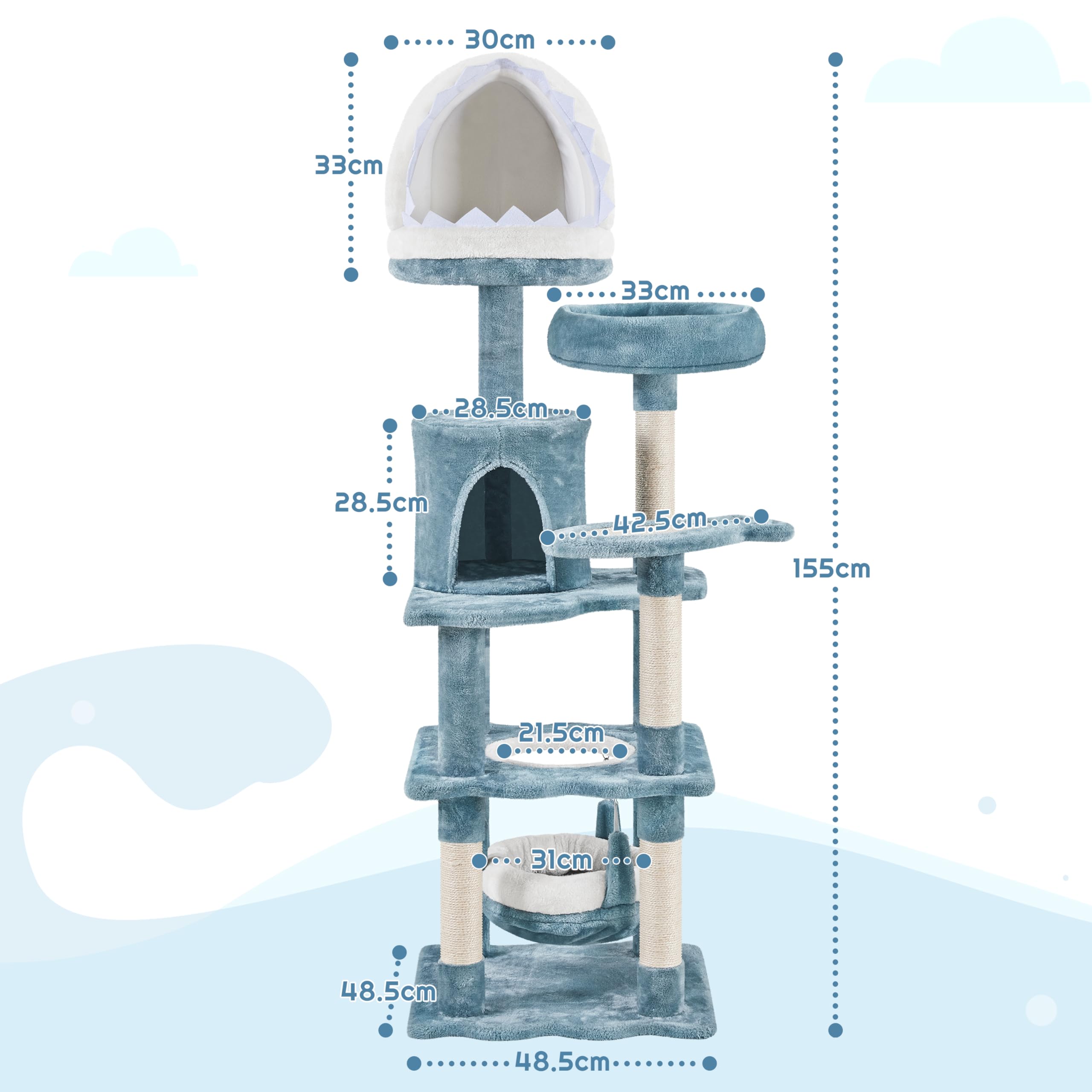 Yaheetech 155 cm Kratzbaum Maritimes Design mit Hängematte in Quallenform | Ozean-Thema | mit Kratzbrett in Fisch-Form & Höhle in Haifischmauls-Form (Abnehmbar) | FSC-zertifizierte Spanplatten | Stabil