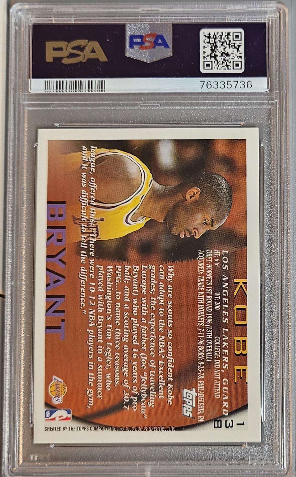 【NBA】Kobe Bryant 1996 Topps #138RC PSA9 1996 Topps Chrome Kobe Bryant ROOKIE RC #138 PSA 9 MINT