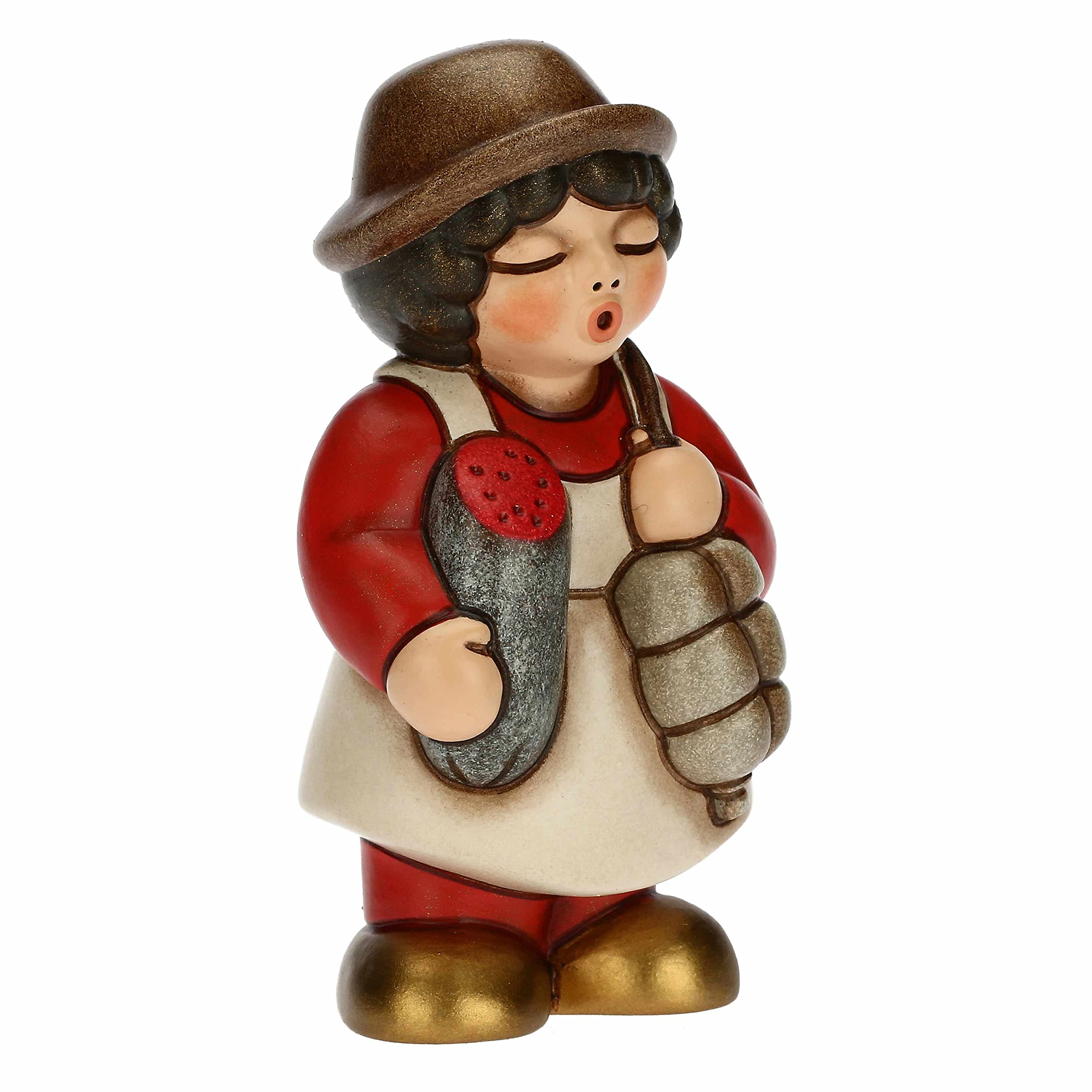 THUN - Presepe 2022 - Statuina Presepe Salumiere in Ceramica Decorata a Mano, Versione Vestito Rosso - Linea Presepe Classico - 4,3X4,5X8 cm h