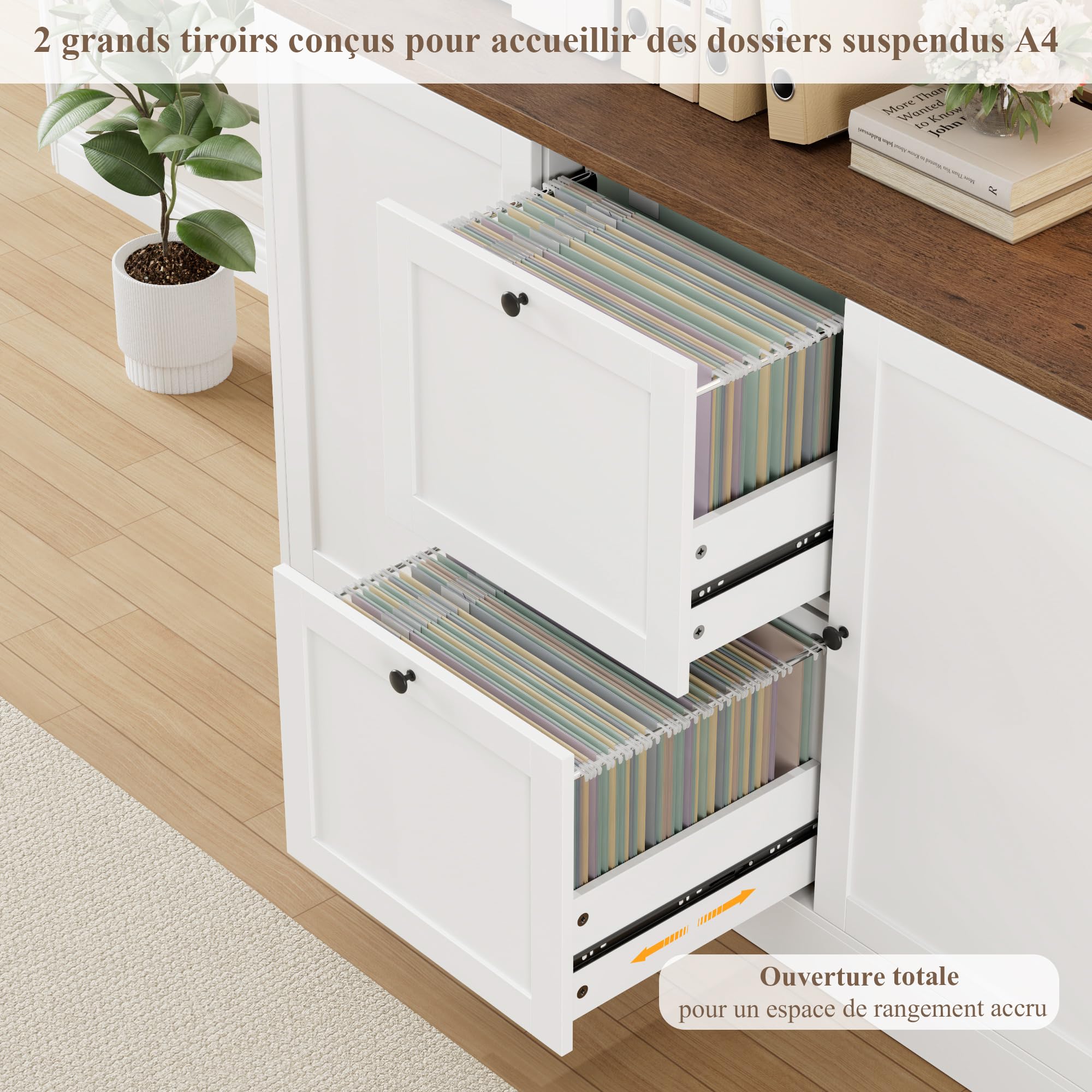 FirFurd Bibliotheque Meuble de Rangement avec Prise/USB, 2 Portes 2 Tiroirs pour Dossiers Suspendus, Armoire Bureau Bibliothèque Livre pour Salon Cuisine 116x40x182cm Blanc