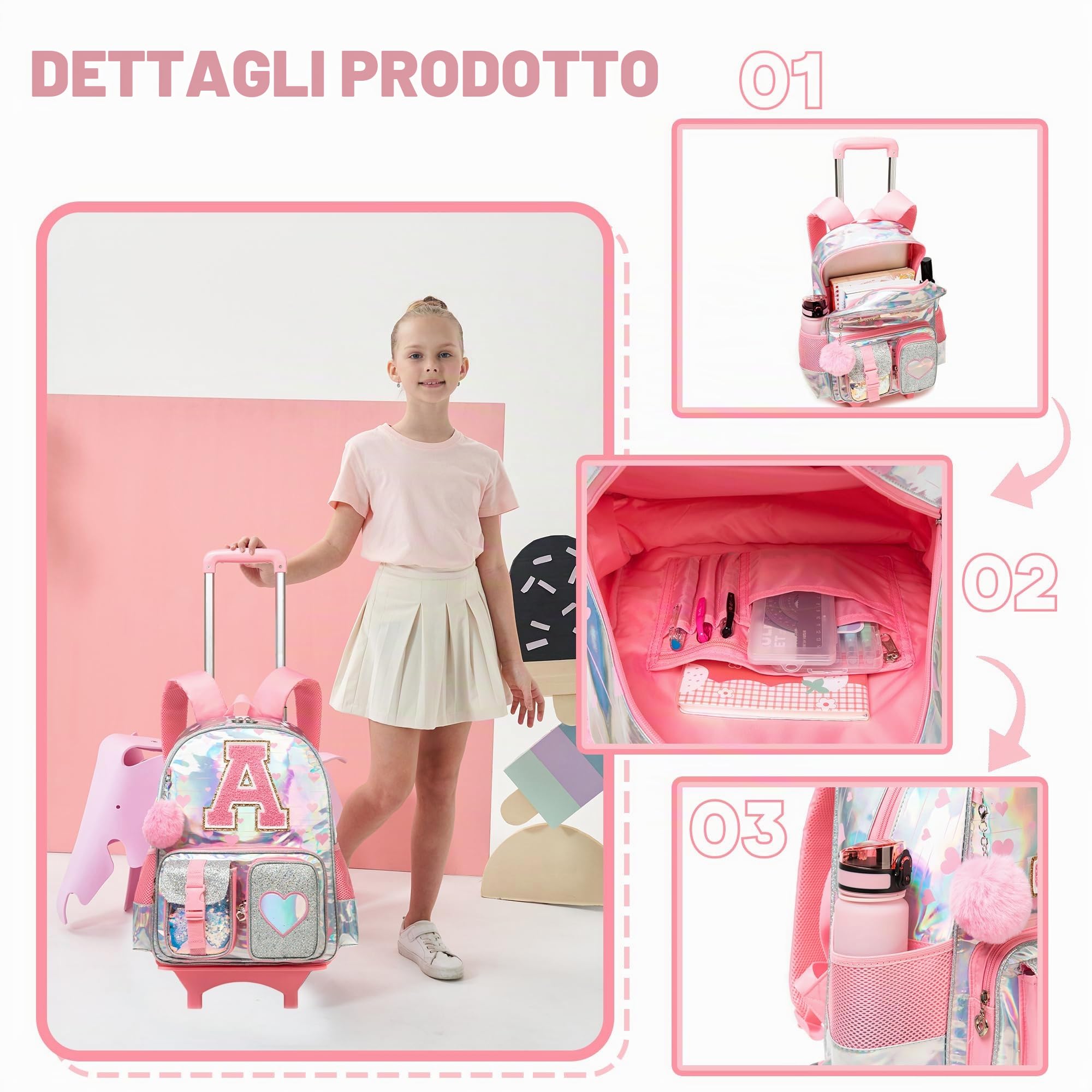 HTgroce Zaino Scuola Bambina Trolley Zainetto Ragazza Con Ruote per Scuola Viaggio