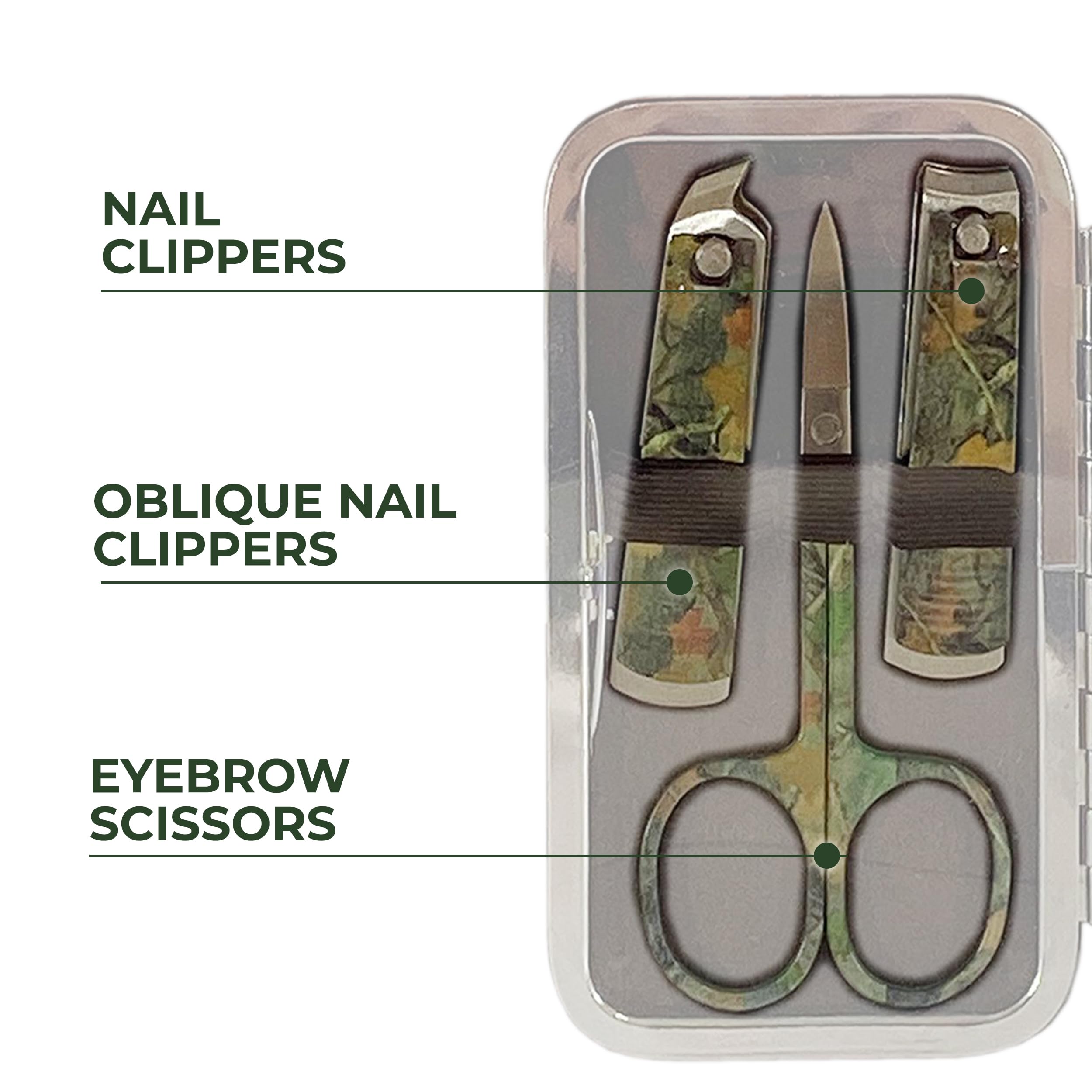 Rivers Edge Products 7-Piece Manicure Set, Travel Nail Clippers with Matching Hard Case, Stainless Steel Nail Cutter Kit, Heavy Duty Toe and Fingernail Clipper, Mens Green Camo