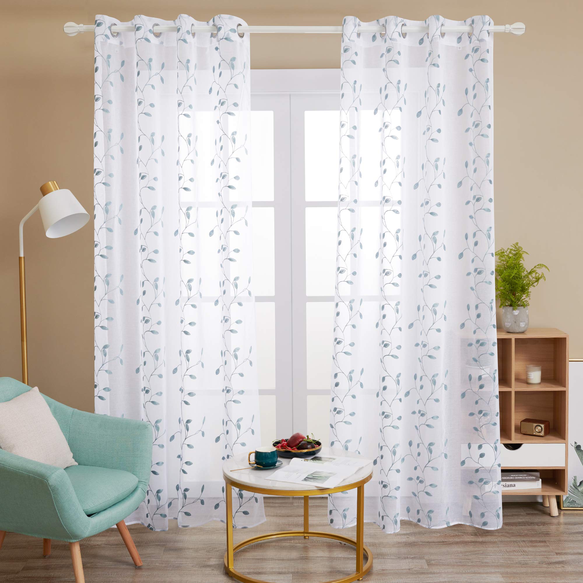 Deconovo - Set of 2 Curtains for Bedroom and Girl Boy Faux Linen Eyelet Curtains 55" x 90" (140 x 229 cm) Blue and Green Global Recycled Standard Global Recycled Standard Global Recycled Standard