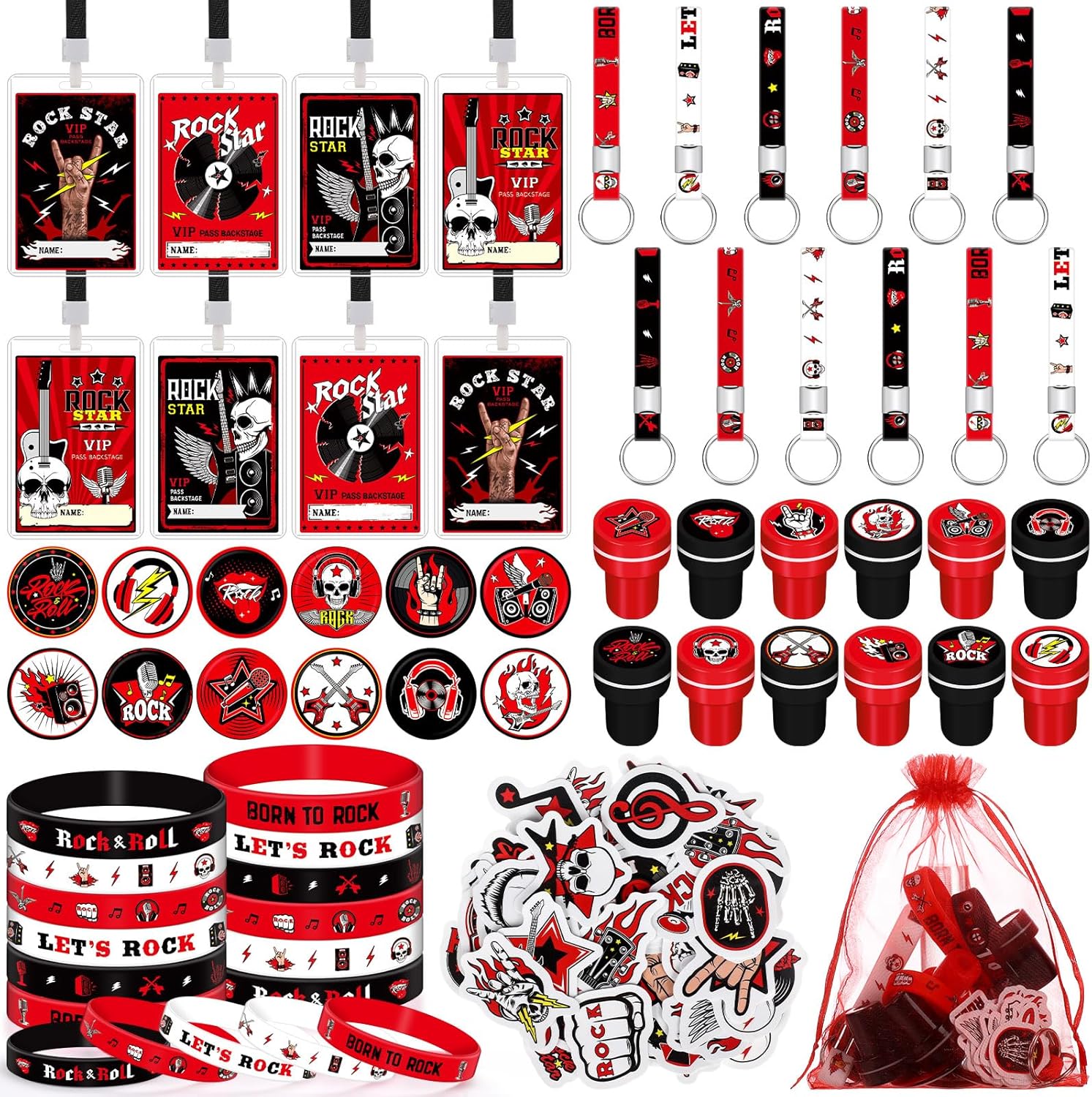 Blosssound 122 Pcs Rock and Roll Party Favors with Rock Star Silicone Bracelets VIP Pass Badges Stampers Keychains Stickers for 80s 90s Music Theme Birthday Baby Shower Party Supplies Decorations