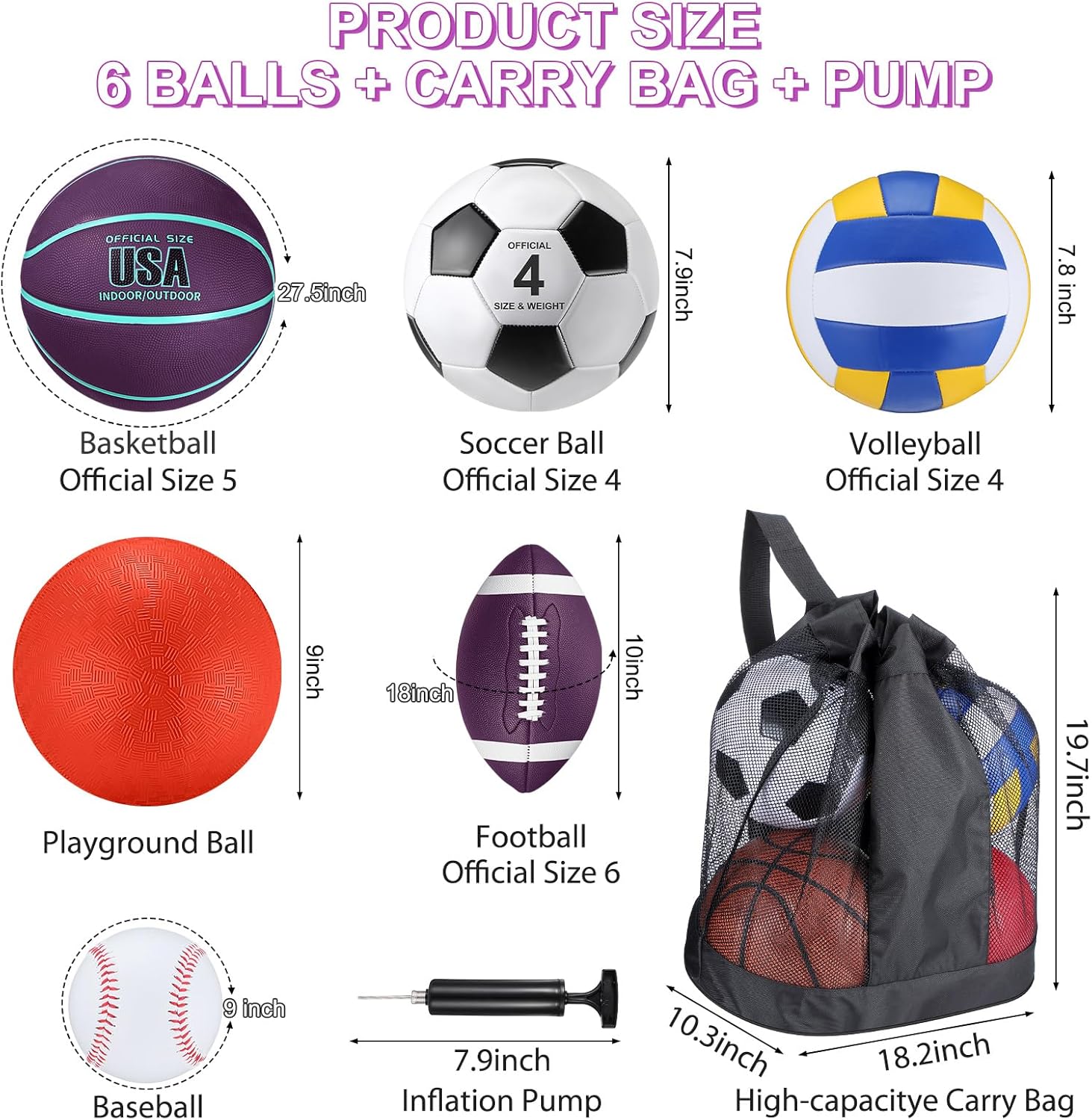 Realspring 6 Pcs Multi Sport Ball Set for Kid Teen Official Size Football, Basketball, Soccer, Volleyball, Playground Ball, Baseball with Sports Equipment Bag Pump Back to School Gift