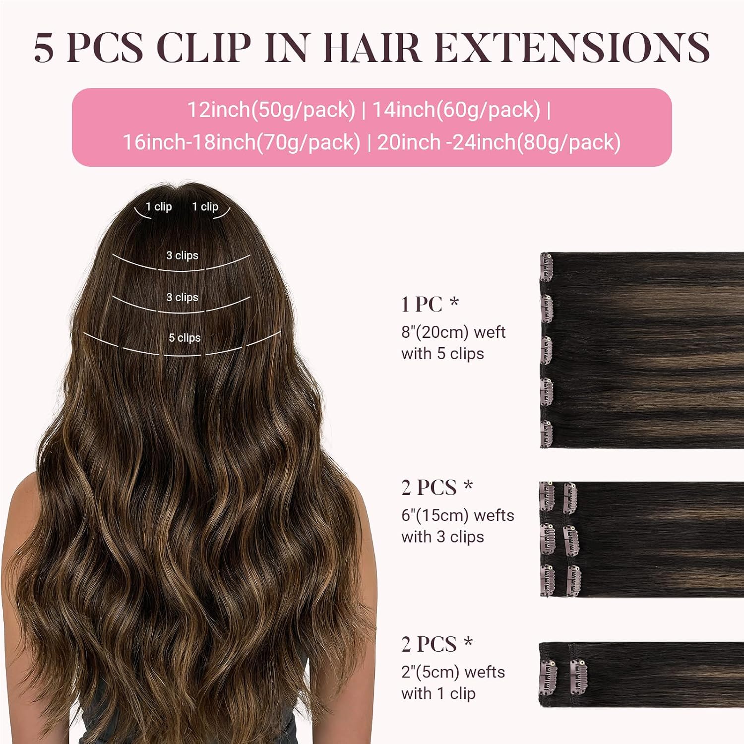 MAXITA Clip in Hair Extensions Real Human Hair,Remy Hair Extensions Clip ins Double Weft for Women,Natural Real Human Hair,16Inch 70g 5Pcs,Balayage Dark Brown Mixed Chestnut Brown